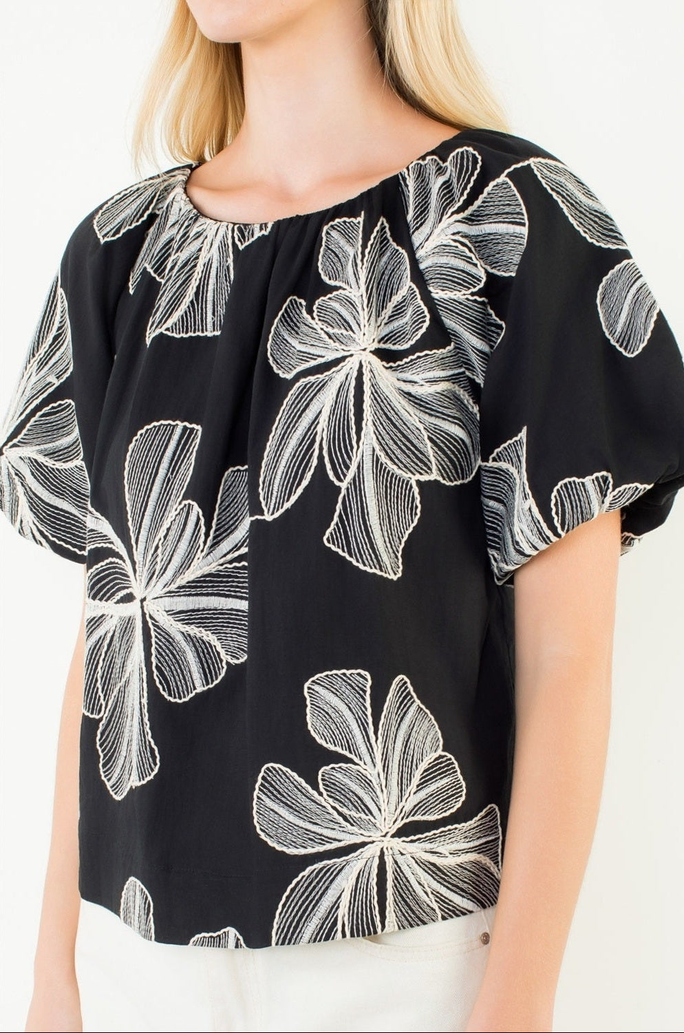 THML Puff Sleeve floral embroidery detail top