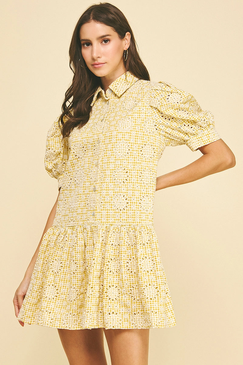 Pinch Gingham Eyelet Puff Sleeve Mini Dress