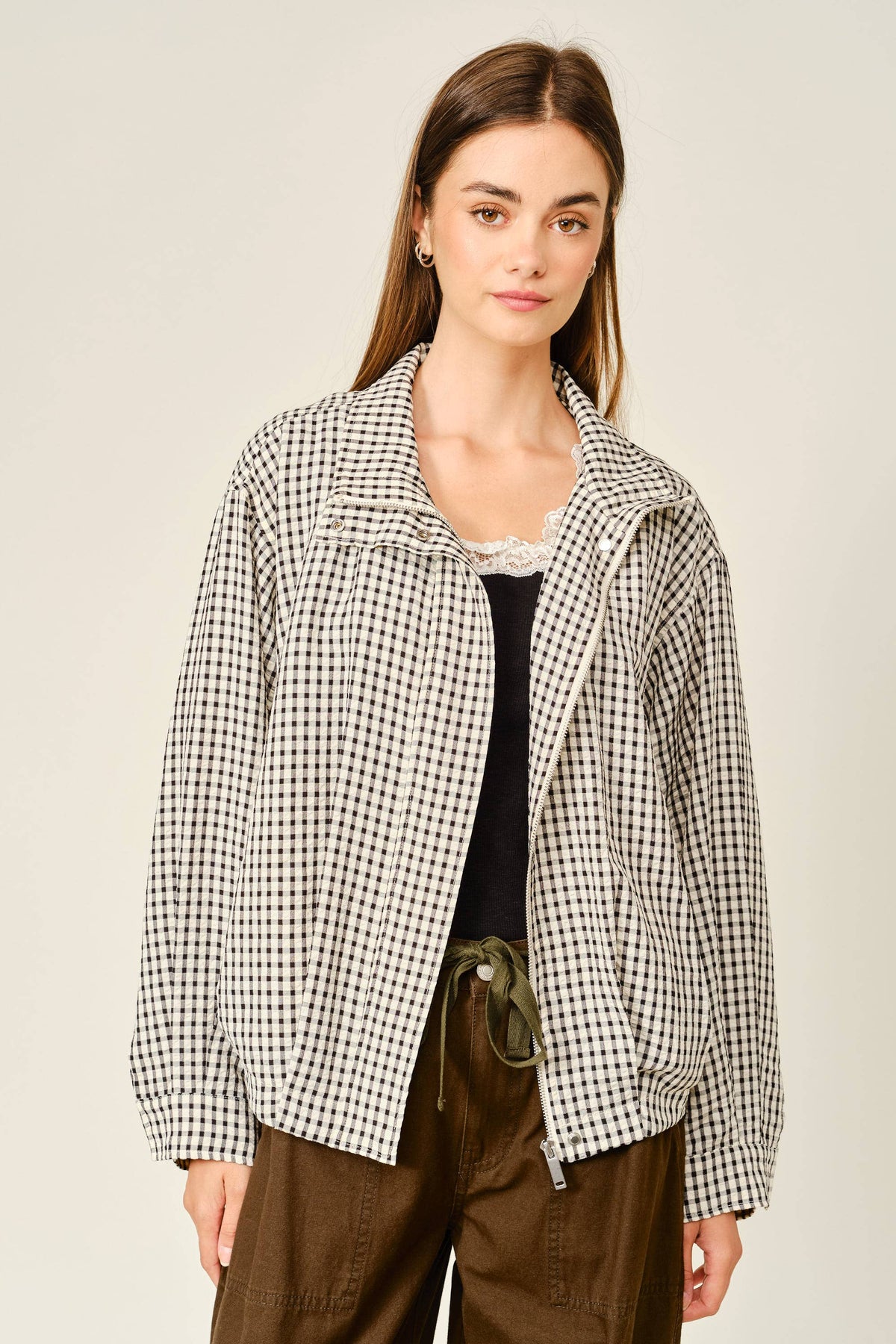 PLAID FUNNEL NECK BOMBER JACKET