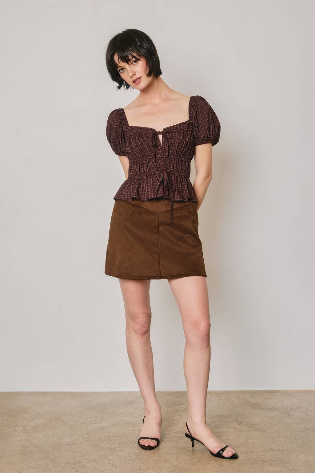 Plaid Puff Sleeve Peplum Top