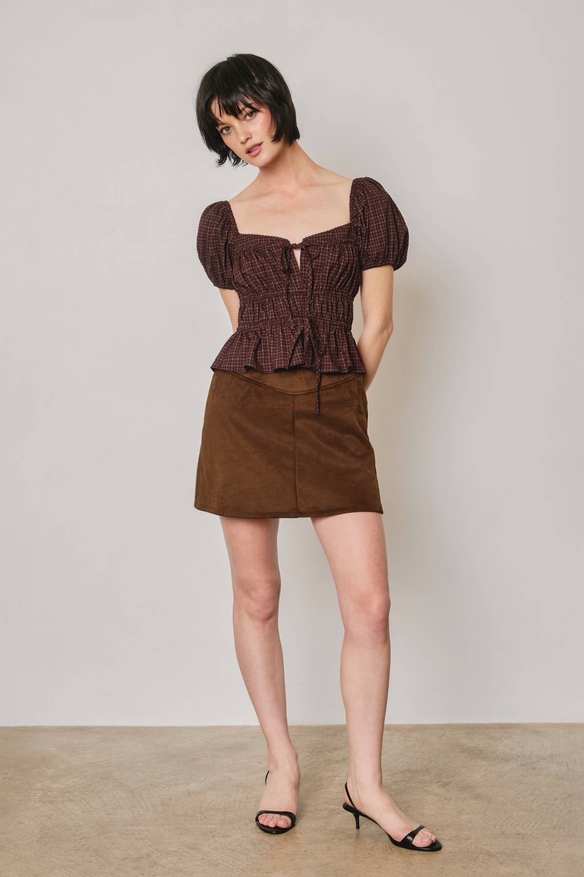 Plaid Puff Sleeve Peplum Top
