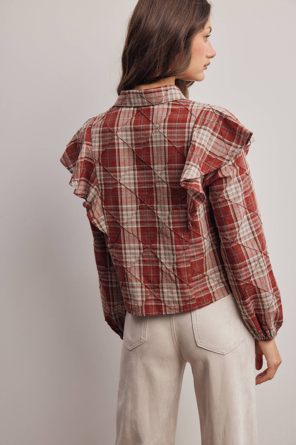 Plaid Ruffle Quilted Blouse