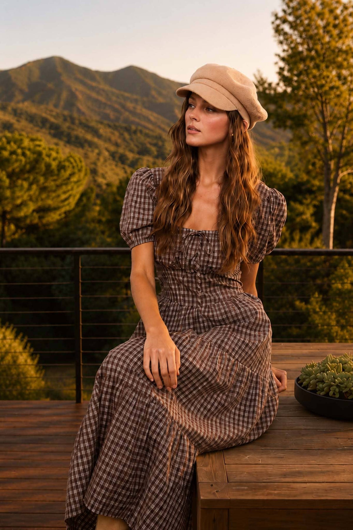 PLAID PUFF SLEEVE TIERED MIDI DRESS