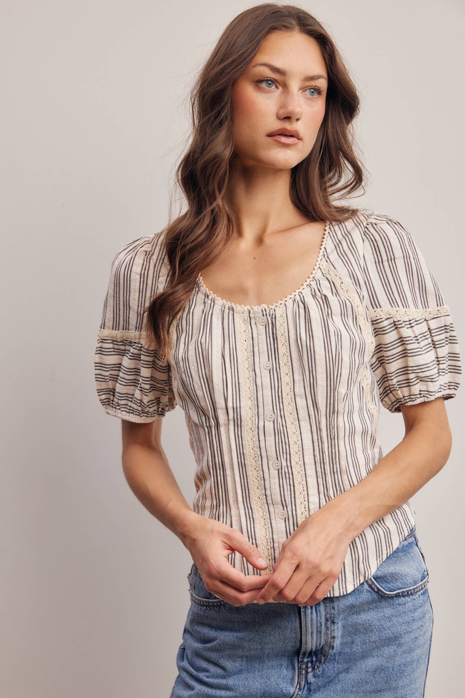 Striped Lace-Trim Puff Sleeve Blouse