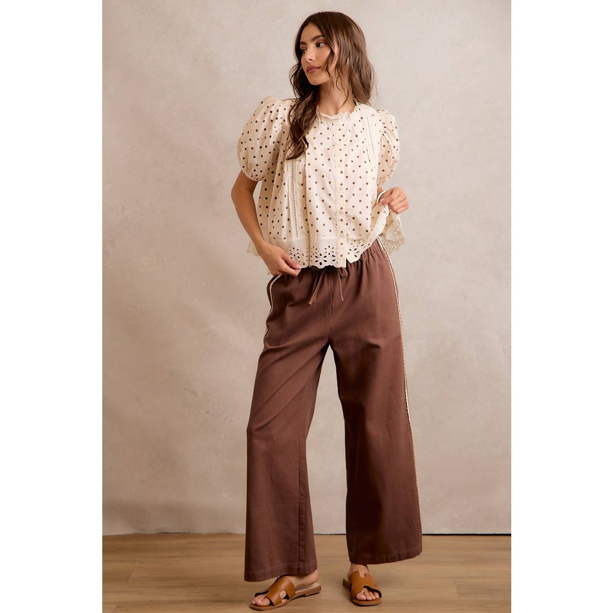 SIDE LACE TRIM COTTON DENIM WIDE LEG PULL ON PANTS