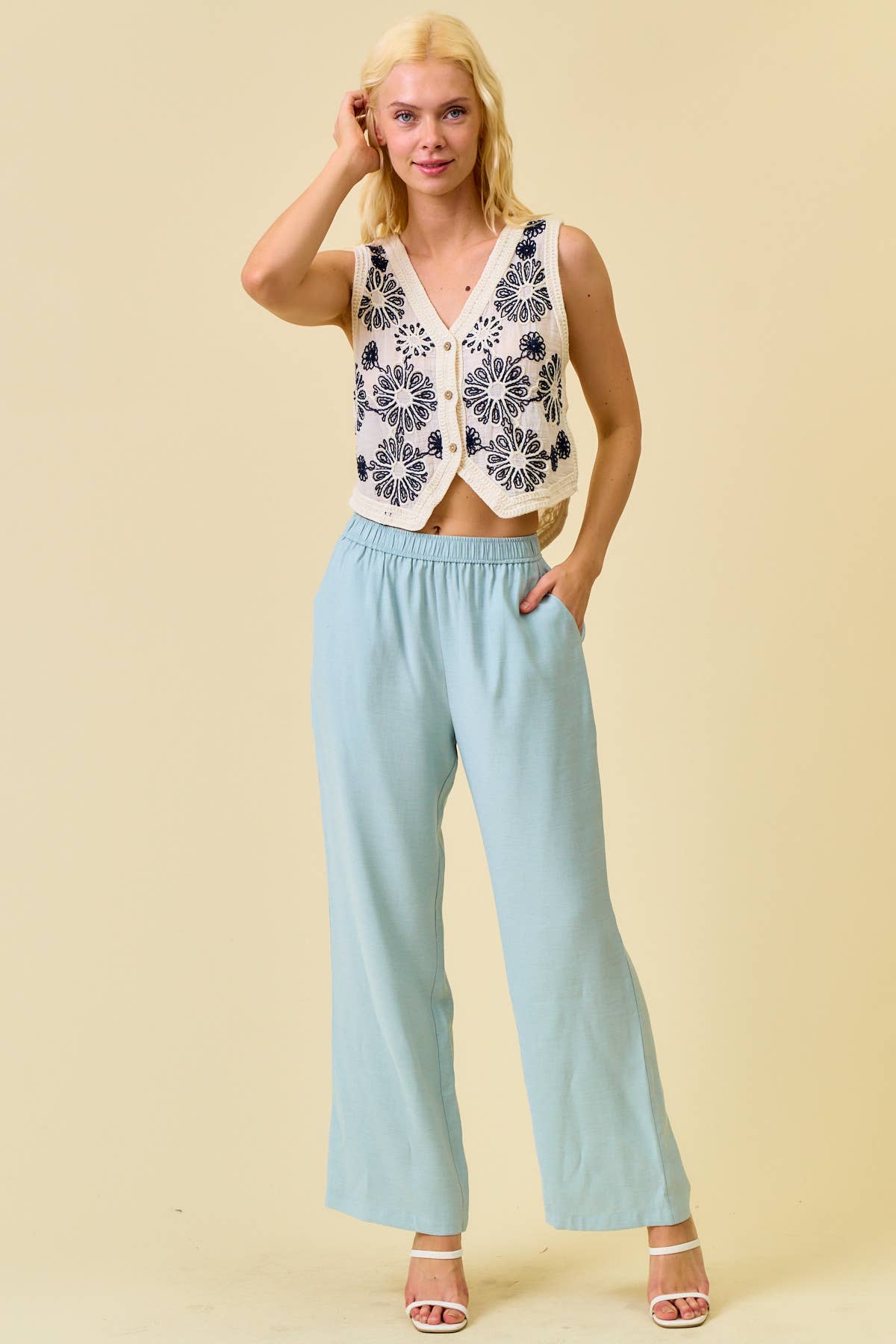 FLORAL EMBROIDERED V-NECK CROCHET DETAIL VEST