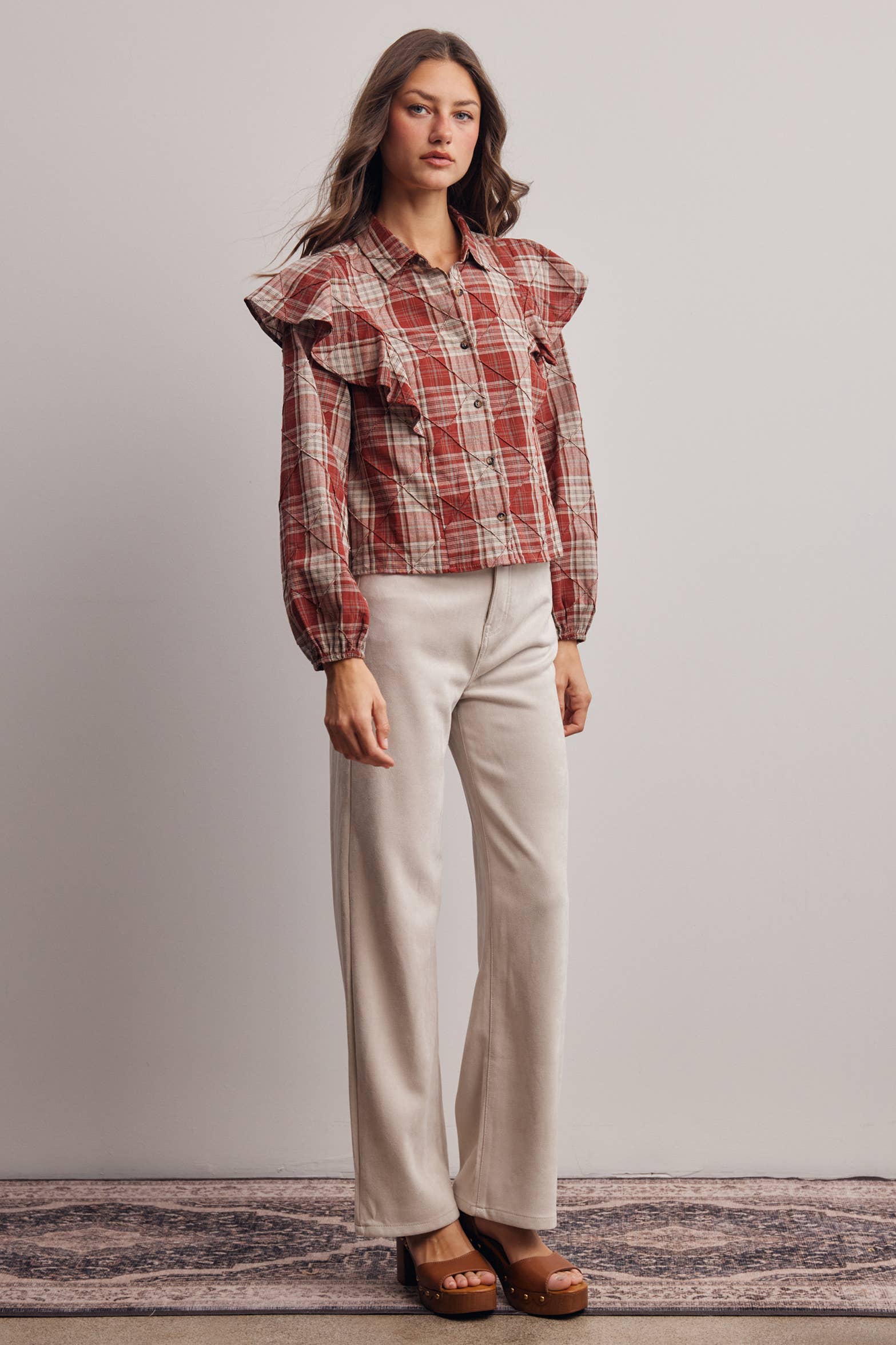 Plaid Ruffle Quilted Blouse