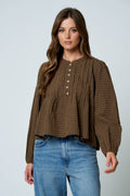 PLAID PINTUCK DETAIL HENLEY LONG SLEEVE TOP