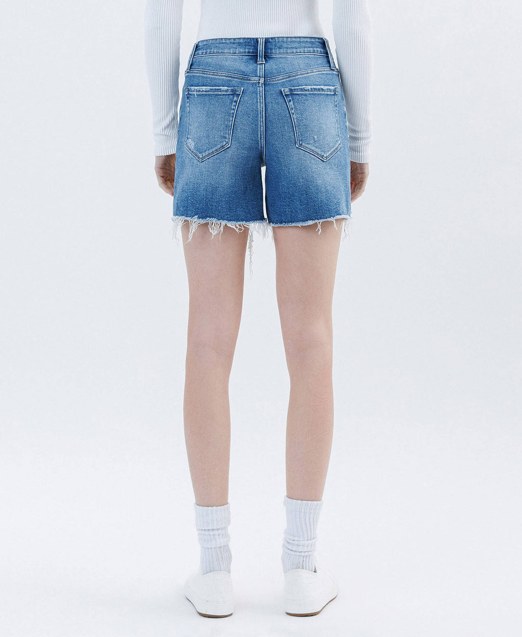 HIGH RISE RAW HEM BOYFRIEND SHORTS by Vervet