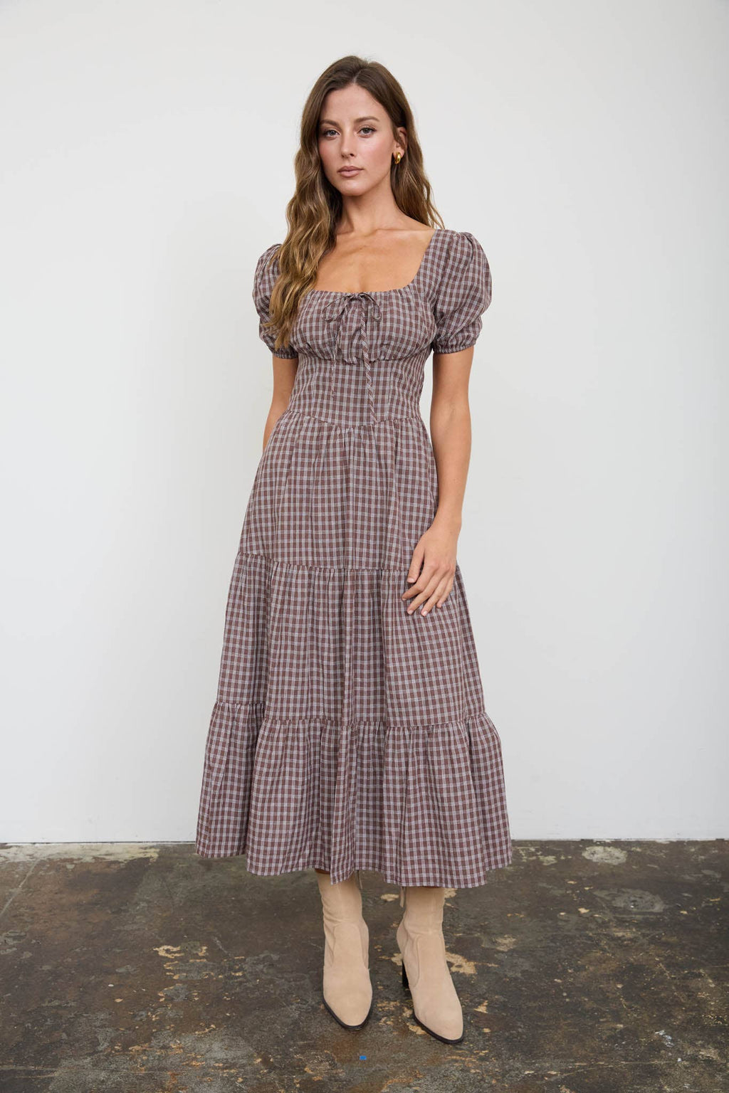 PLAID PUFF SLEEVE TIERED MIDI DRESS