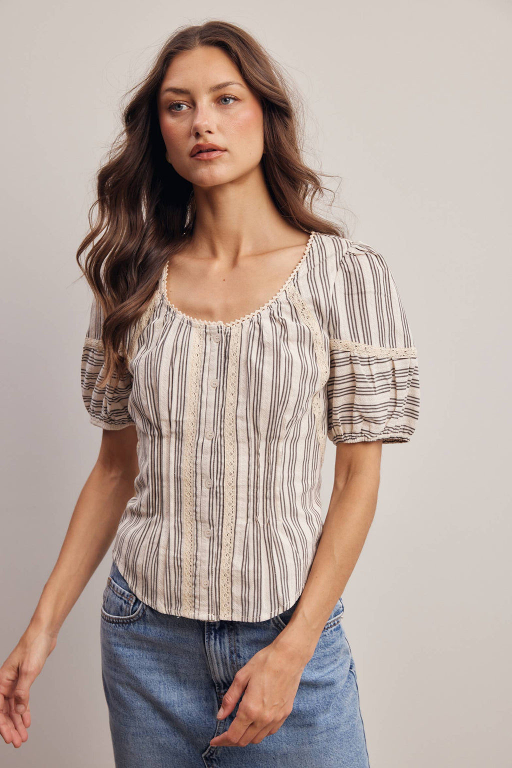 Striped Lace-Trim Puff Sleeve Blouse