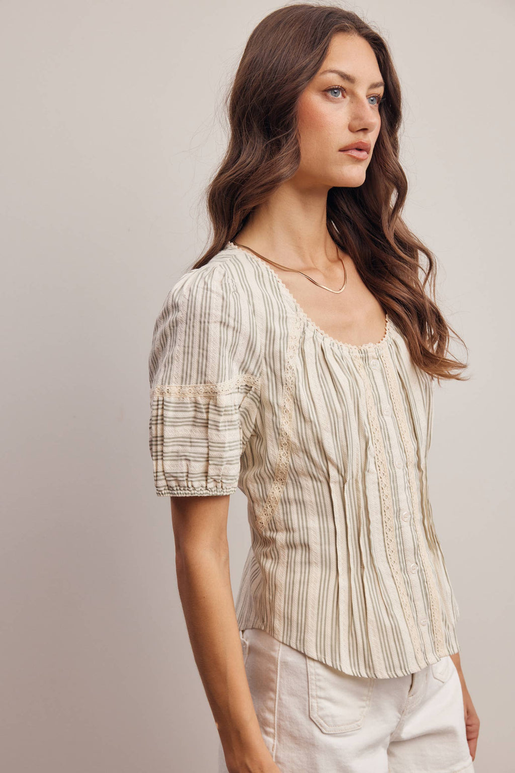 Striped Lace-Trim Puff Sleeve Blouse