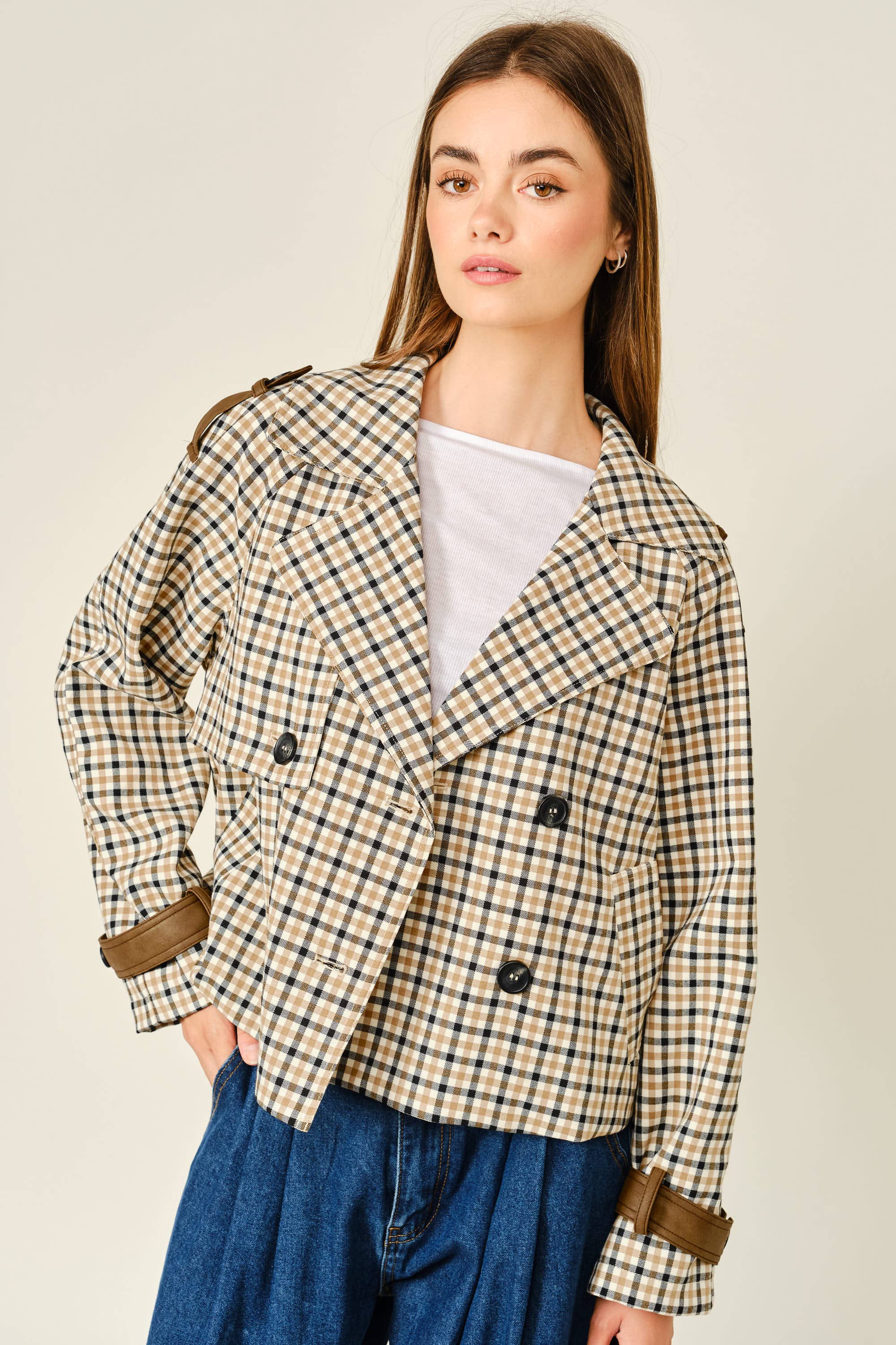 PLAID SHORT TRENCH JACKET