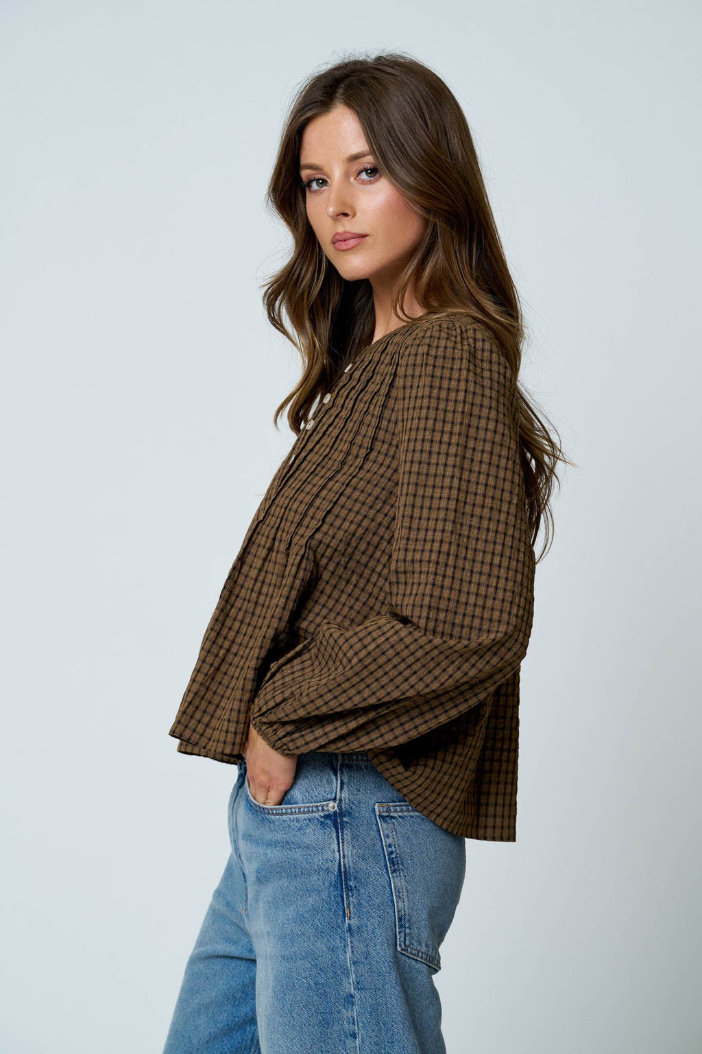 PLAID PINTUCK DETAIL HENLEY LONG SLEEVE TOP