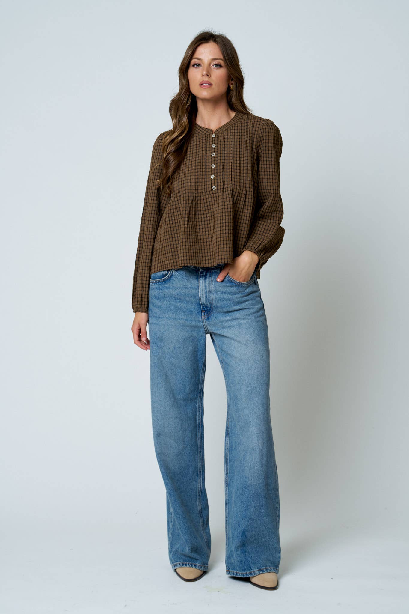 PLAID PINTUCK DETAIL HENLEY LONG SLEEVE TOP