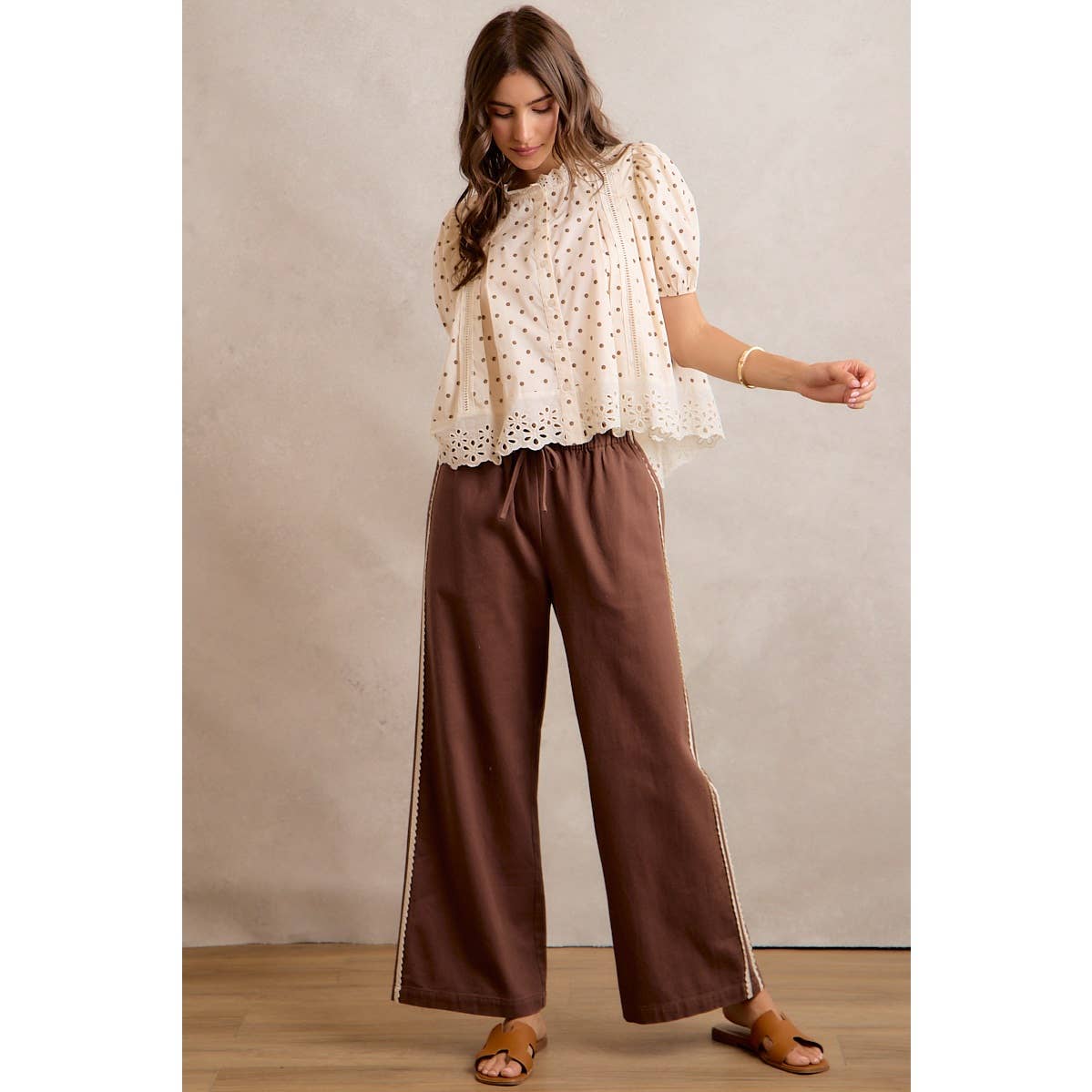 SIDE LACE TRIM COTTON DENIM WIDE LEG PULL ON PANTS