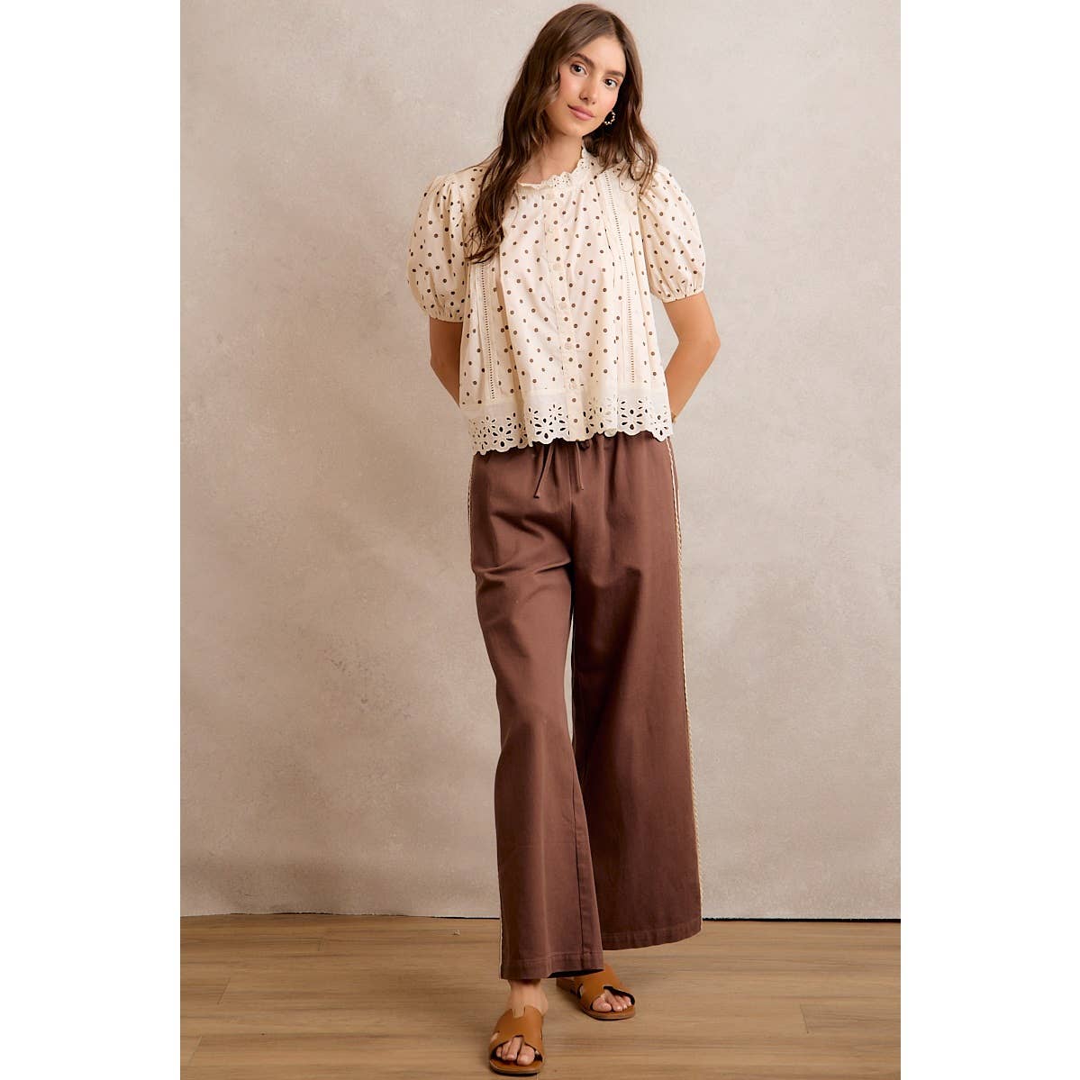 SIDE LACE TRIM COTTON DENIM WIDE LEG PULL ON PANTS