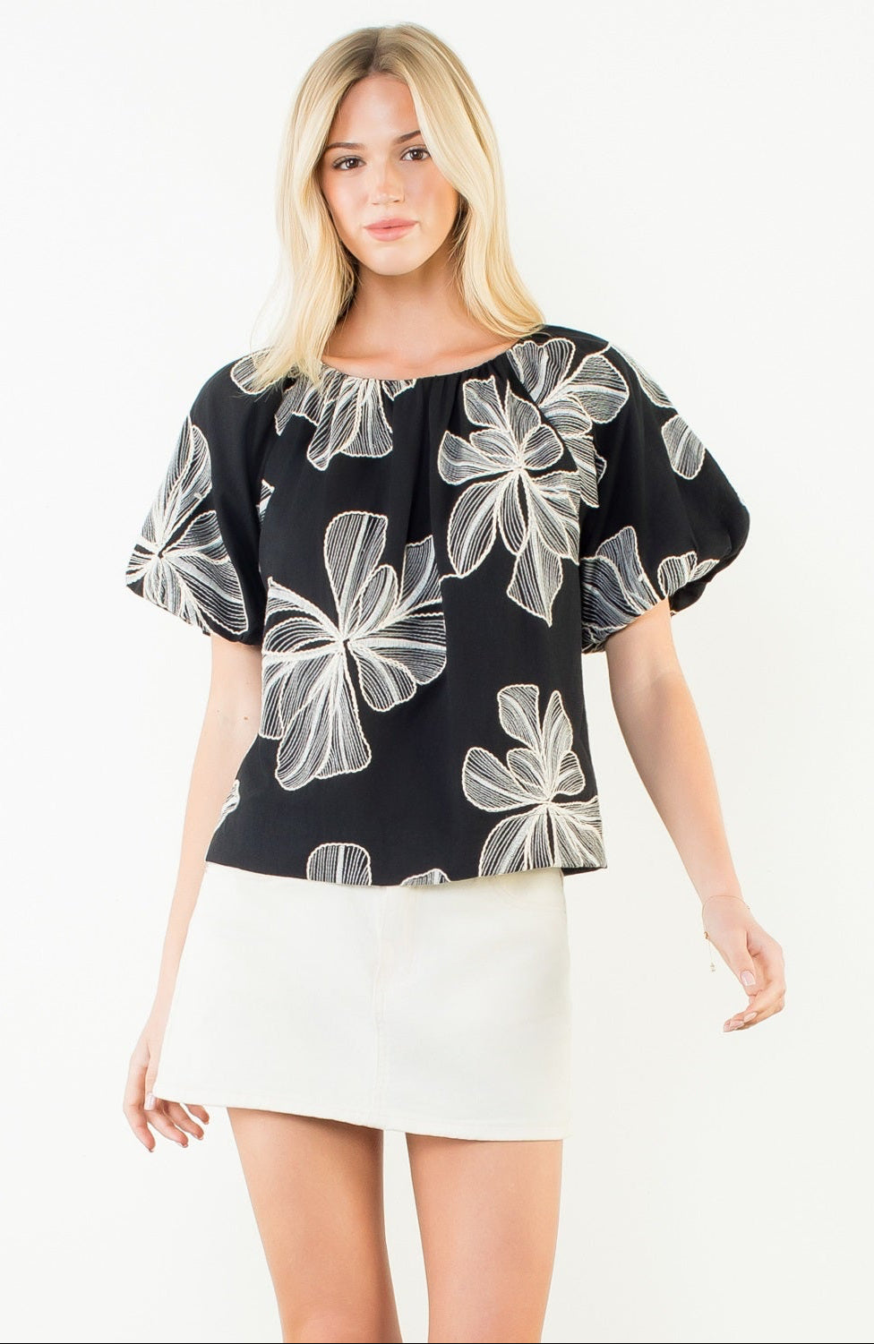 THML Puff Sleeve floral embroidery detail top