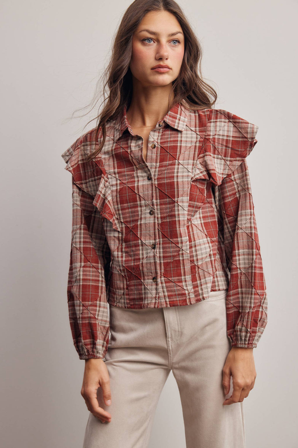 Plaid Ruffle Quilted Blouse