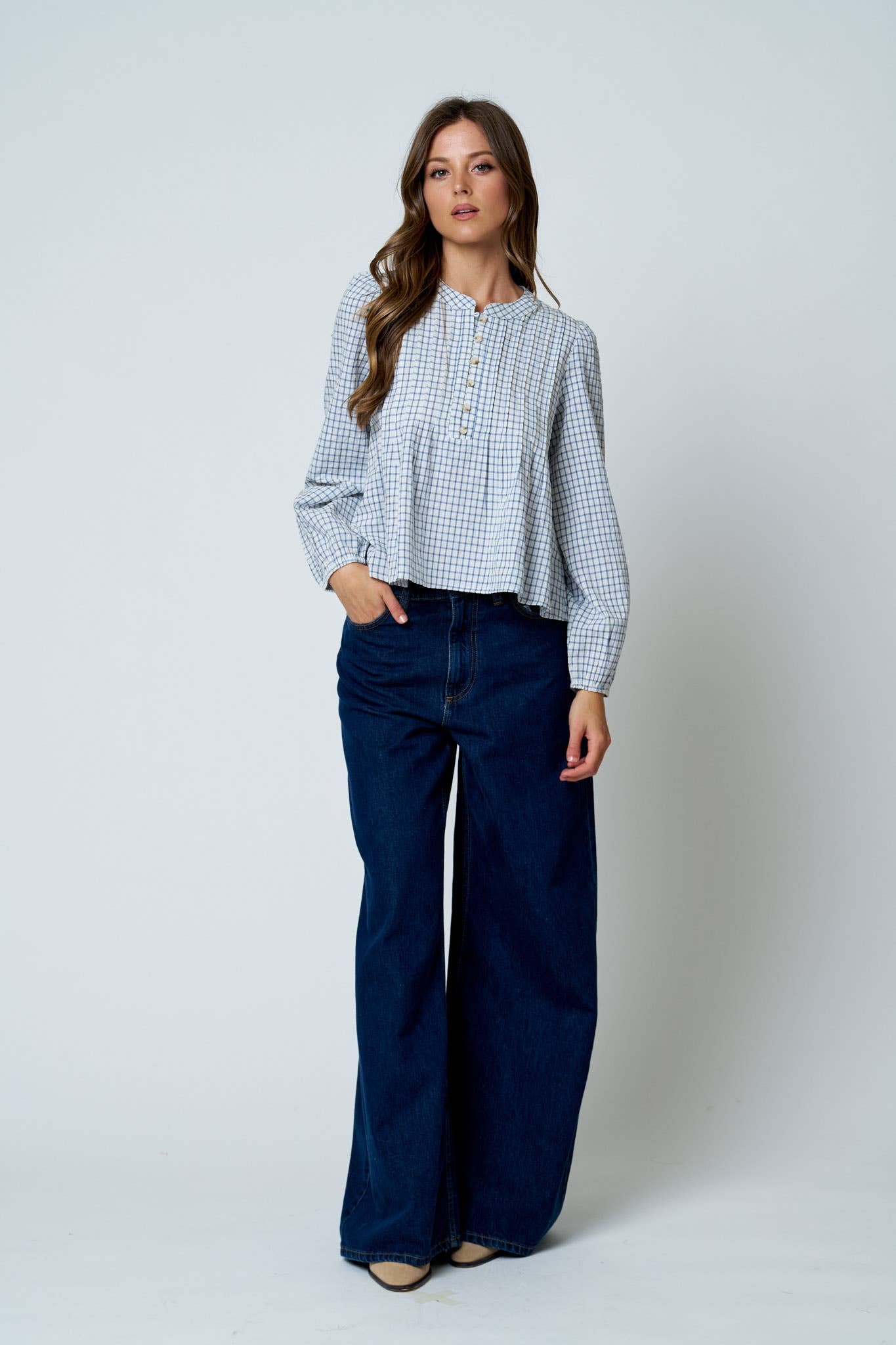 PLAID PINTUCK DETAIL HENLEY LONG SLEEVE TOP