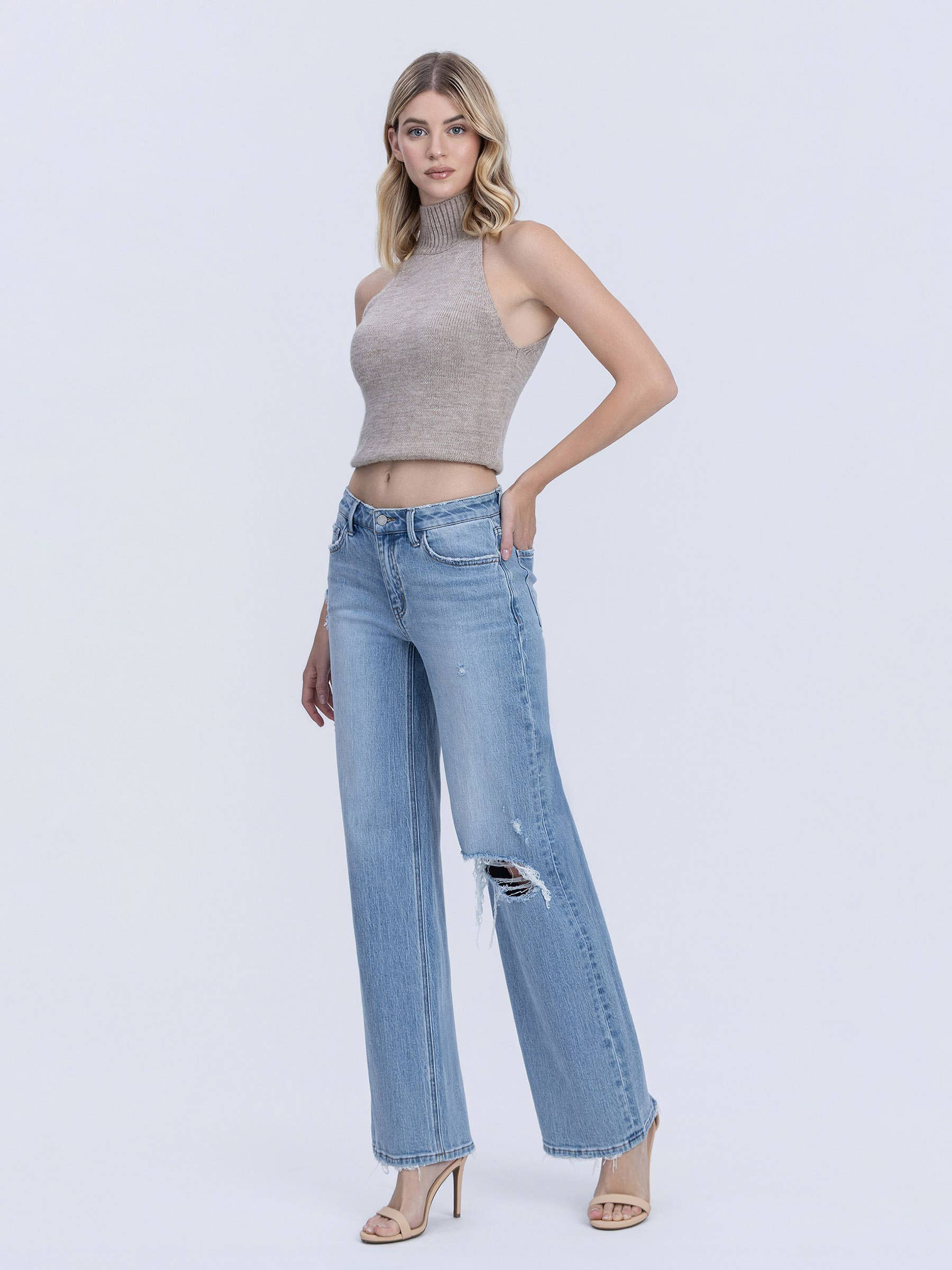 OLIVIA MID RISE DISTRESSED WIDE LEG JEAN by Vervet