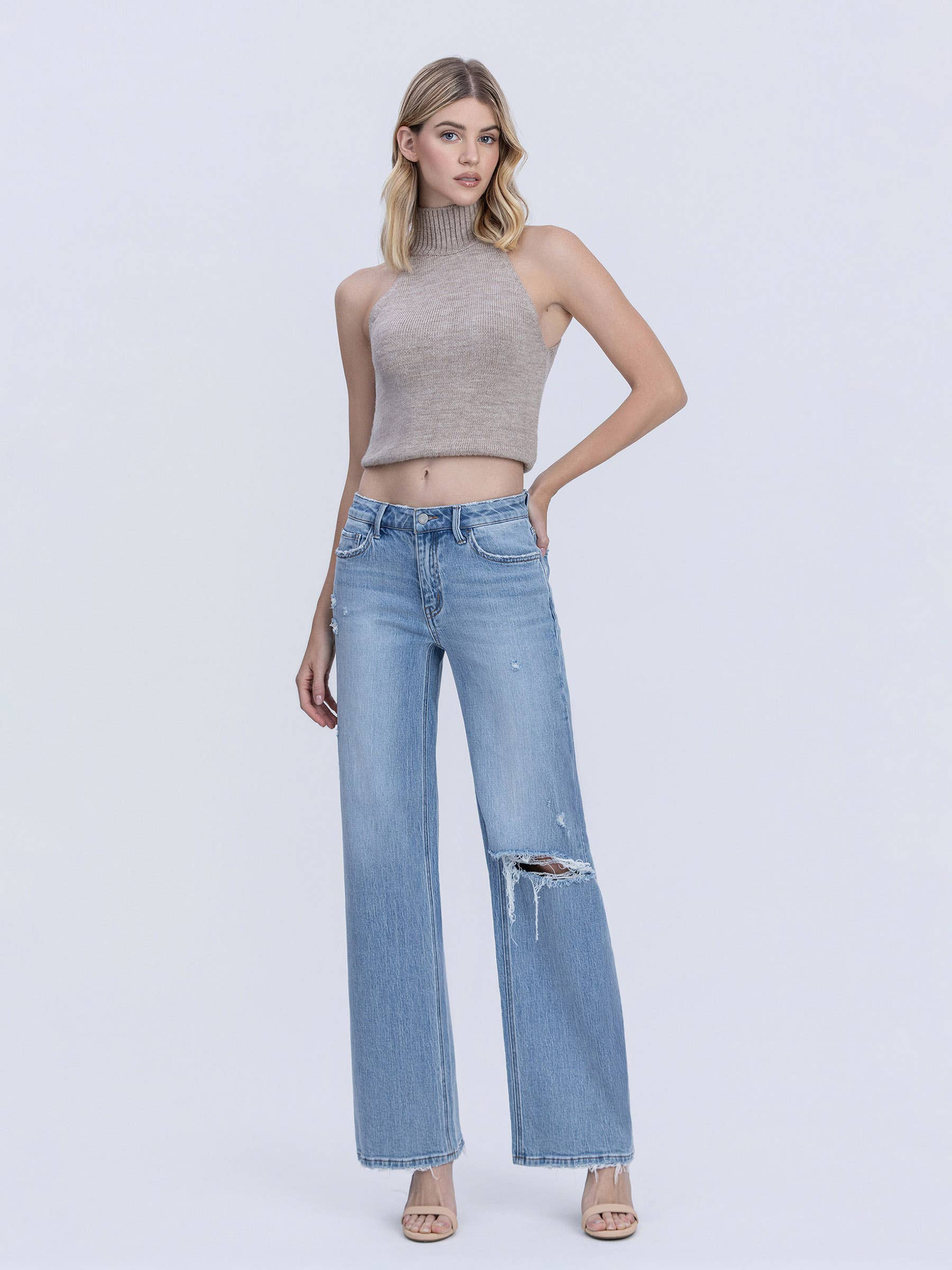 OLIVIA MID RISE DISTRESSED WIDE LEG JEAN by Vervet
