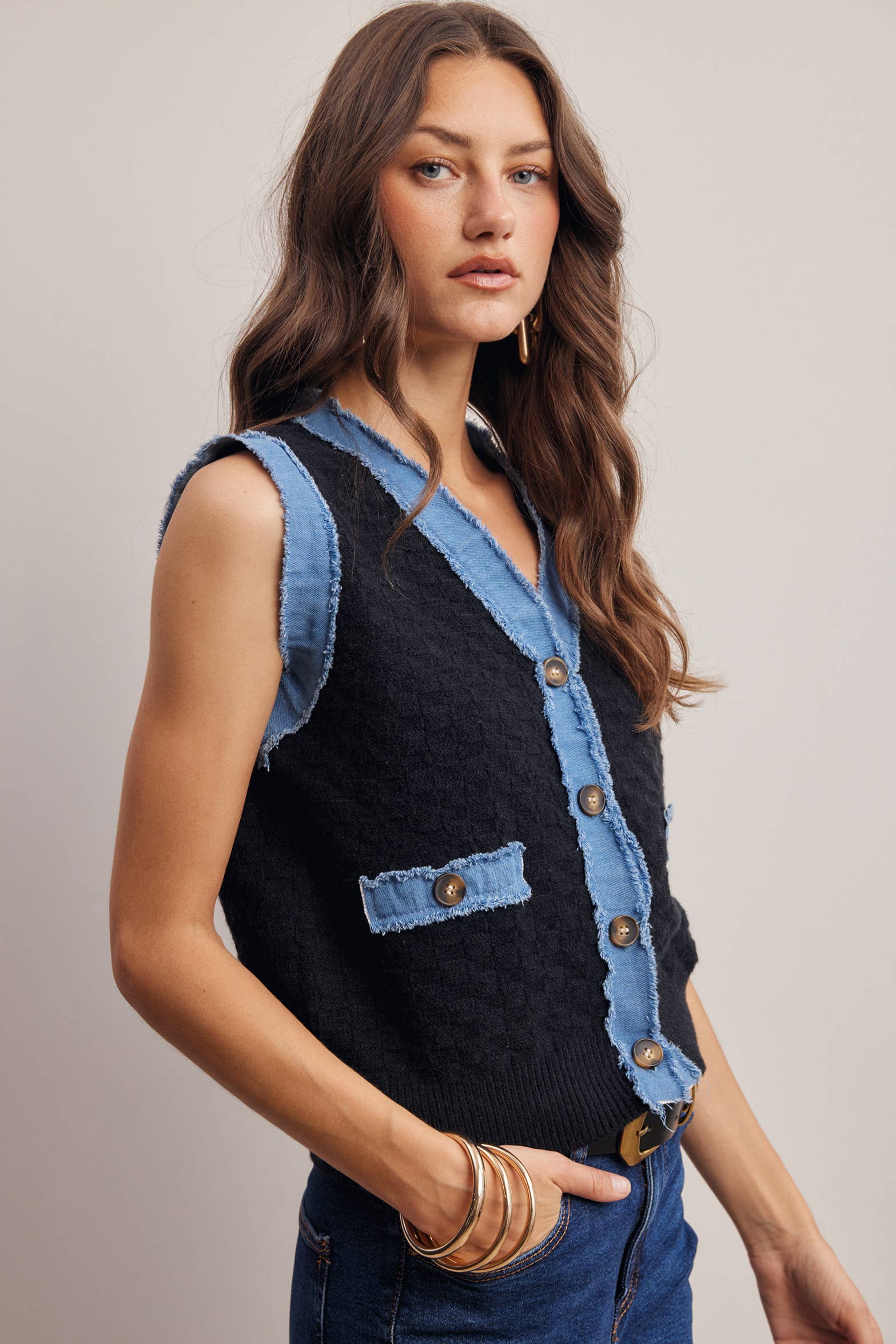 Denim Trim Knit Vest