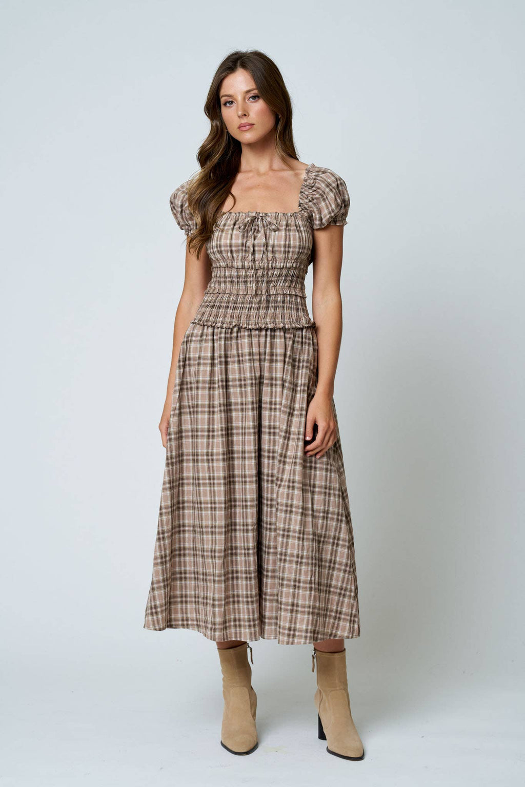 PLAID PUFF SLEEVE RUFFLED SMOCKED WAIST MIDI DRESS