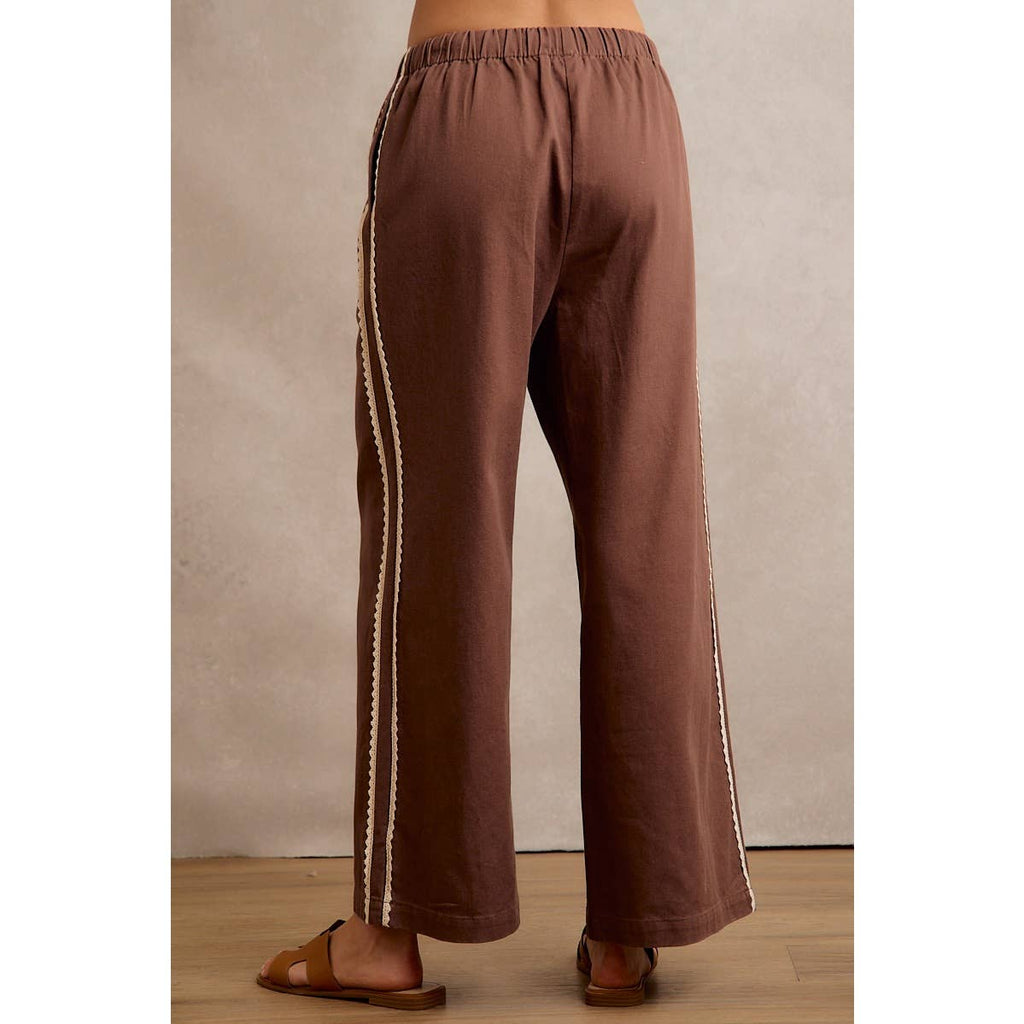 SIDE LACE TRIM COTTON DENIM WIDE LEG PULL ON PANTS