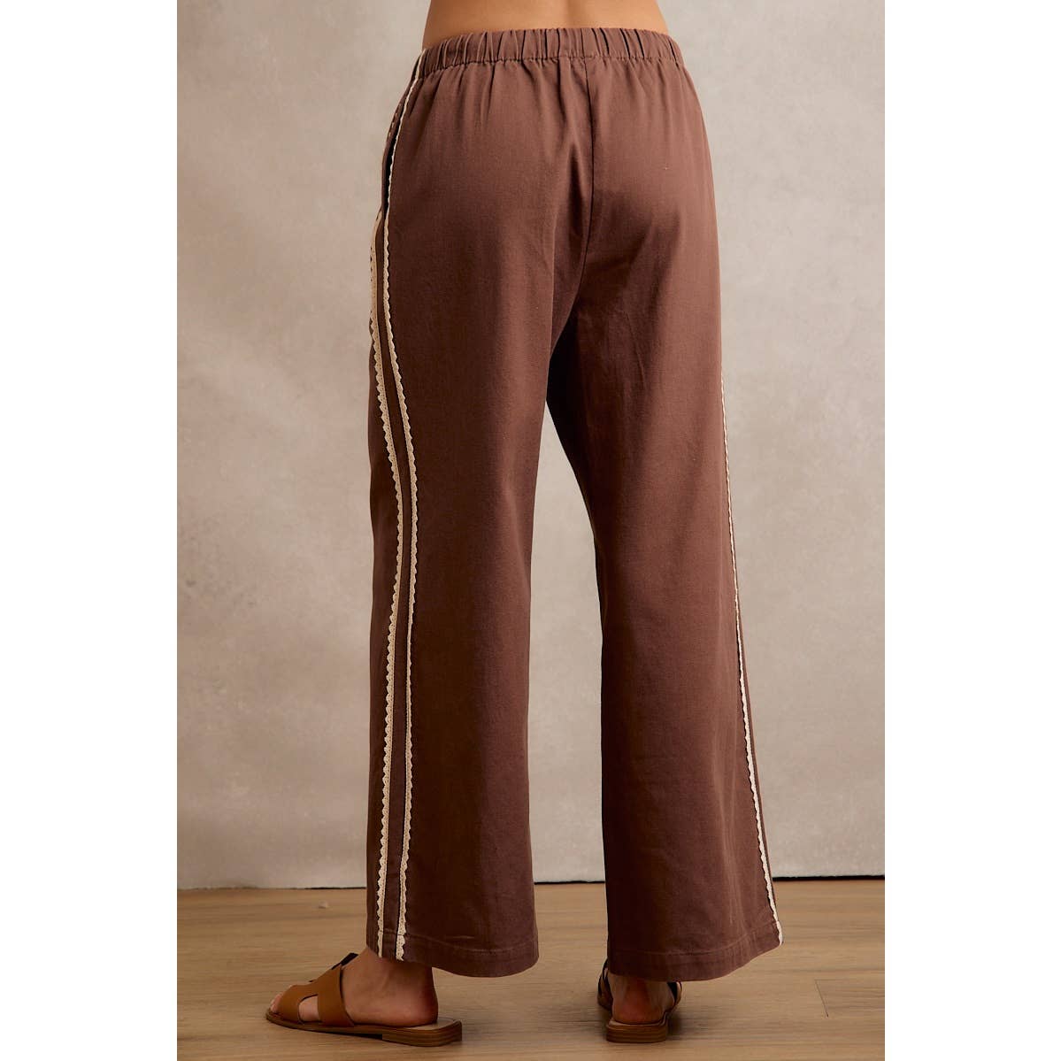 SIDE LACE TRIM COTTON DENIM WIDE LEG PULL ON PANTS