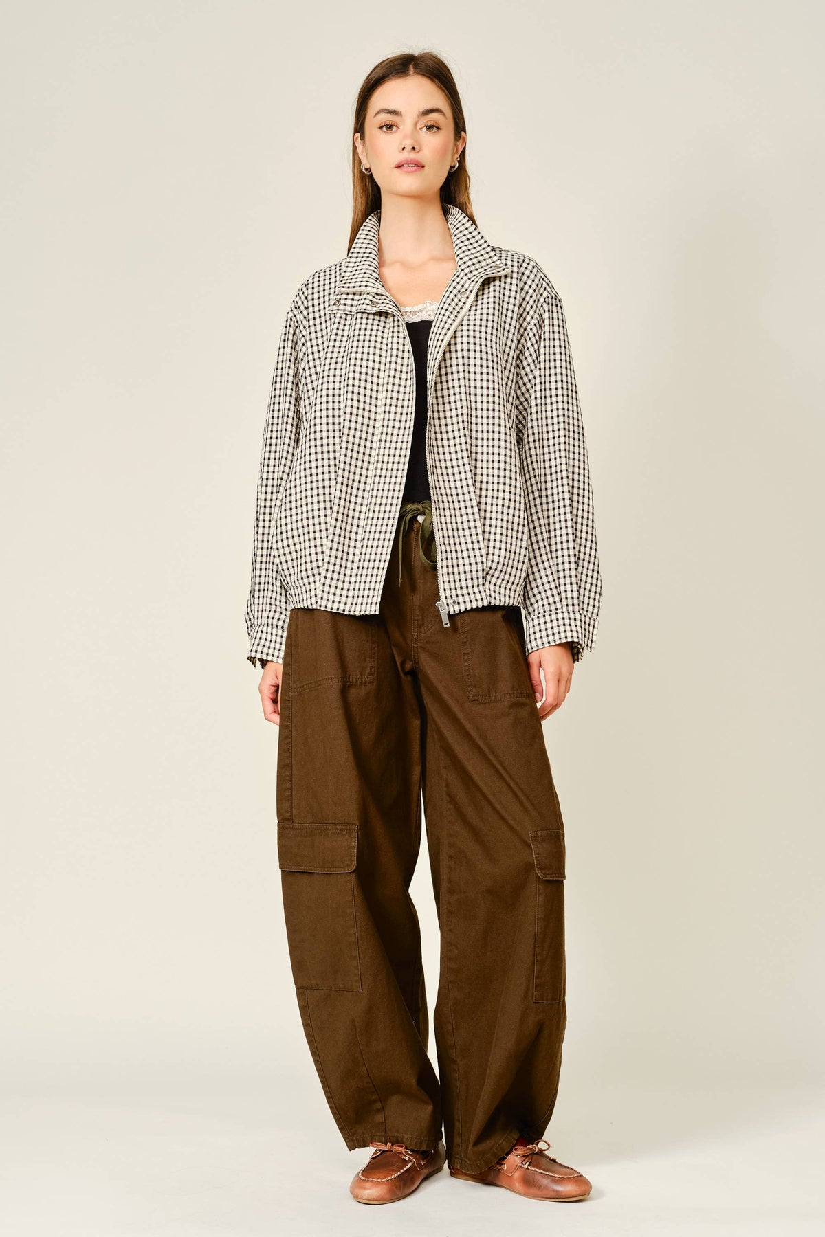 PLAID FUNNEL NECK BOMBER JACKET
