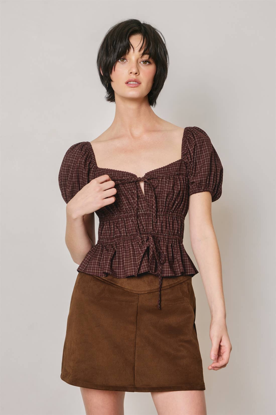 Plaid Puff Sleeve Peplum Top