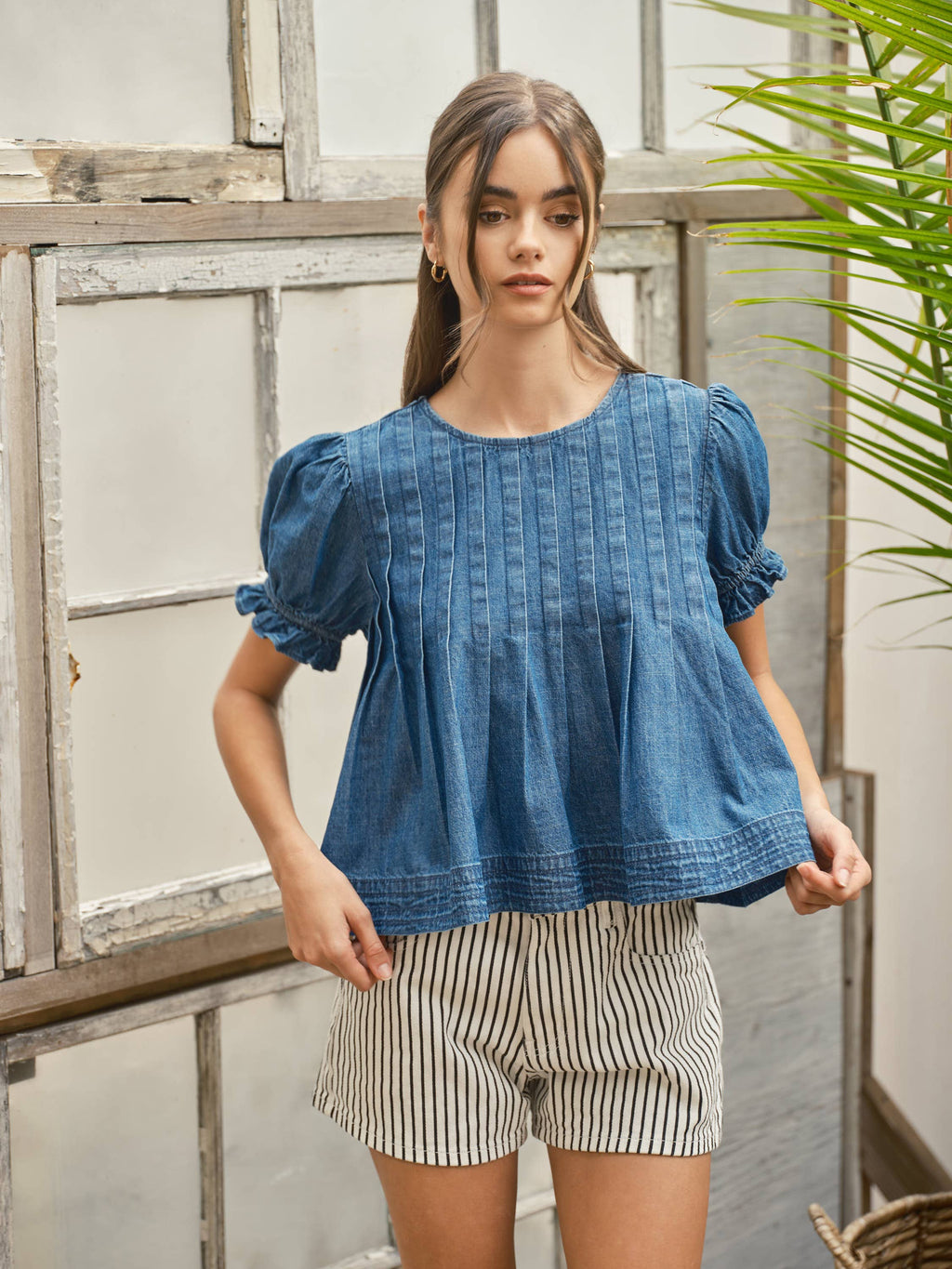 Short Sleeve Denim Pleated Puff Sleeve Top