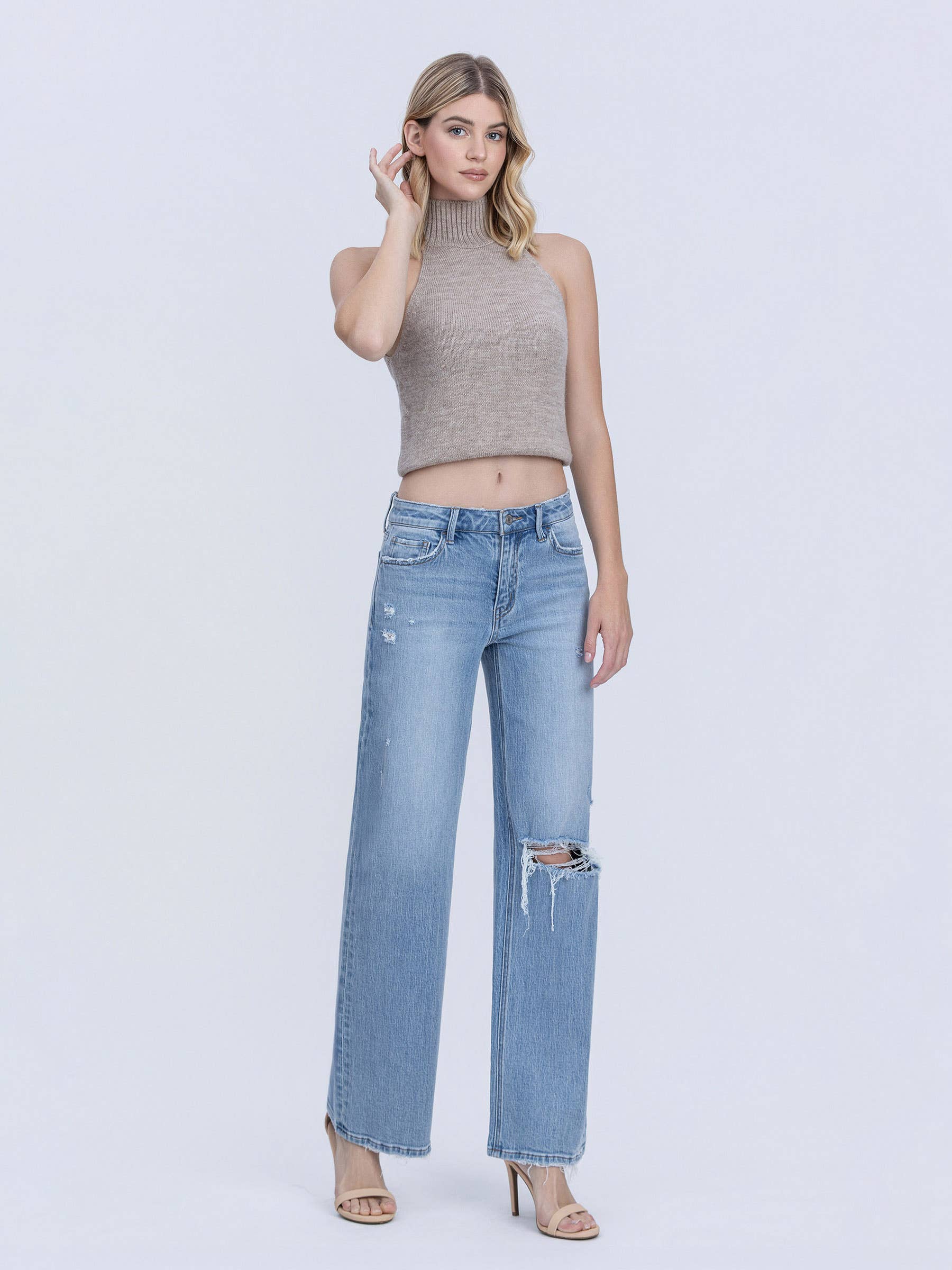 OLIVIA MID RISE DISTRESSED WIDE LEG JEAN by Vervet