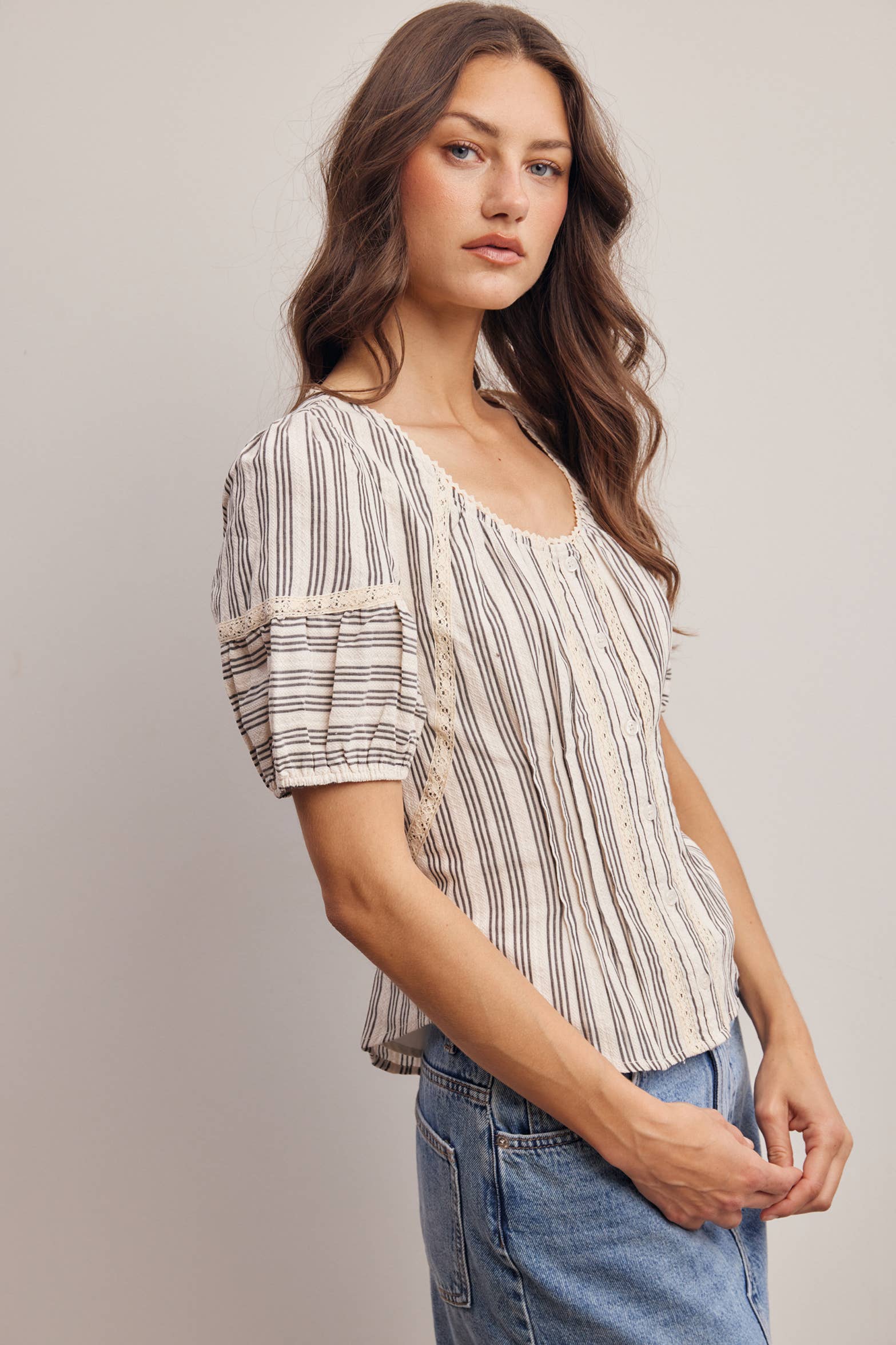 Striped Lace-Trim Puff Sleeve Blouse