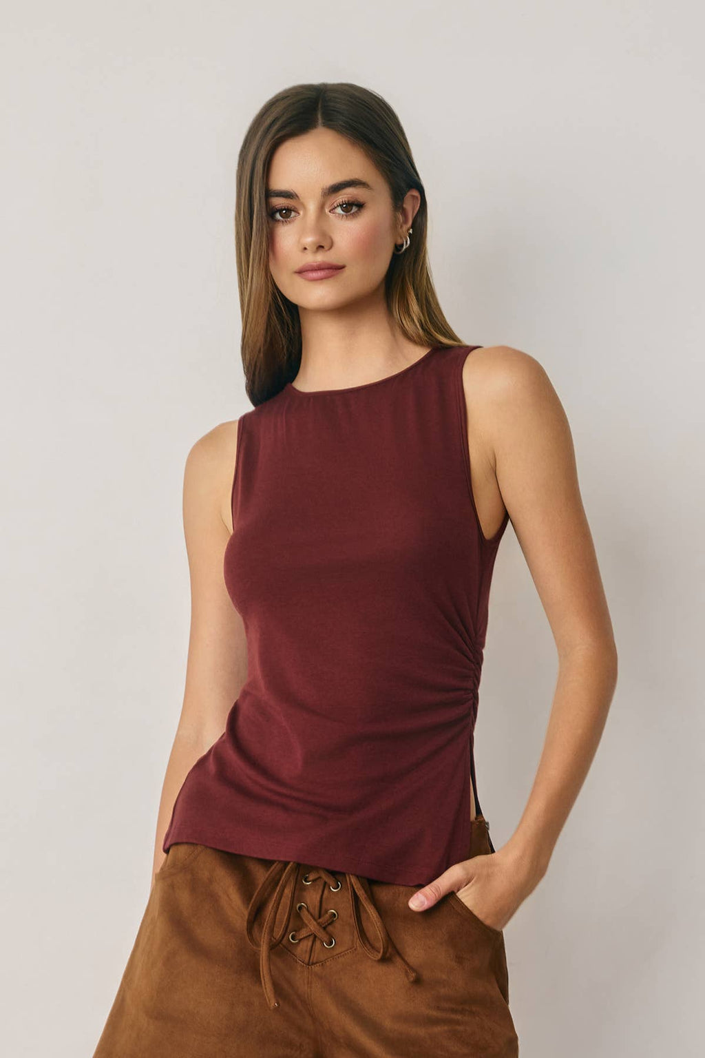 Ruched Ribbed Knit Slit Tank