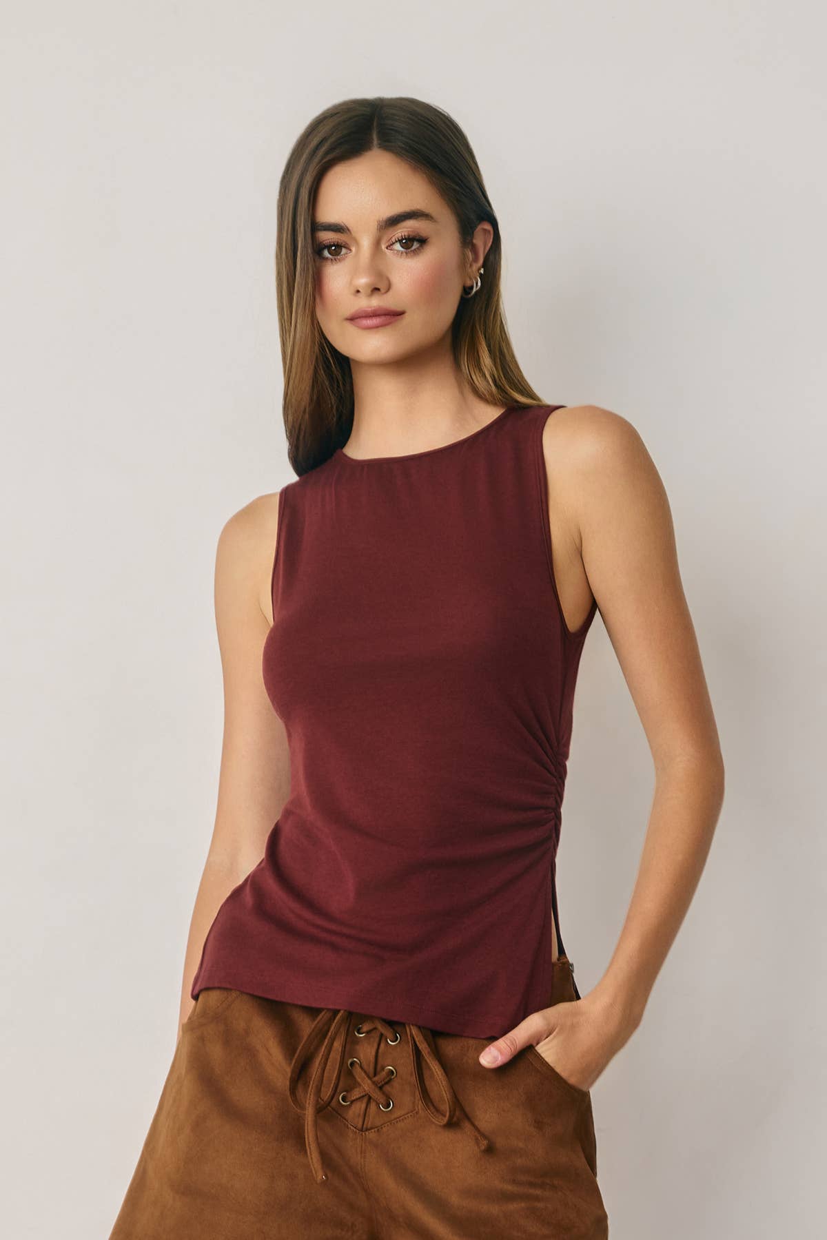 Ruched Ribbed Knit Slit Tank