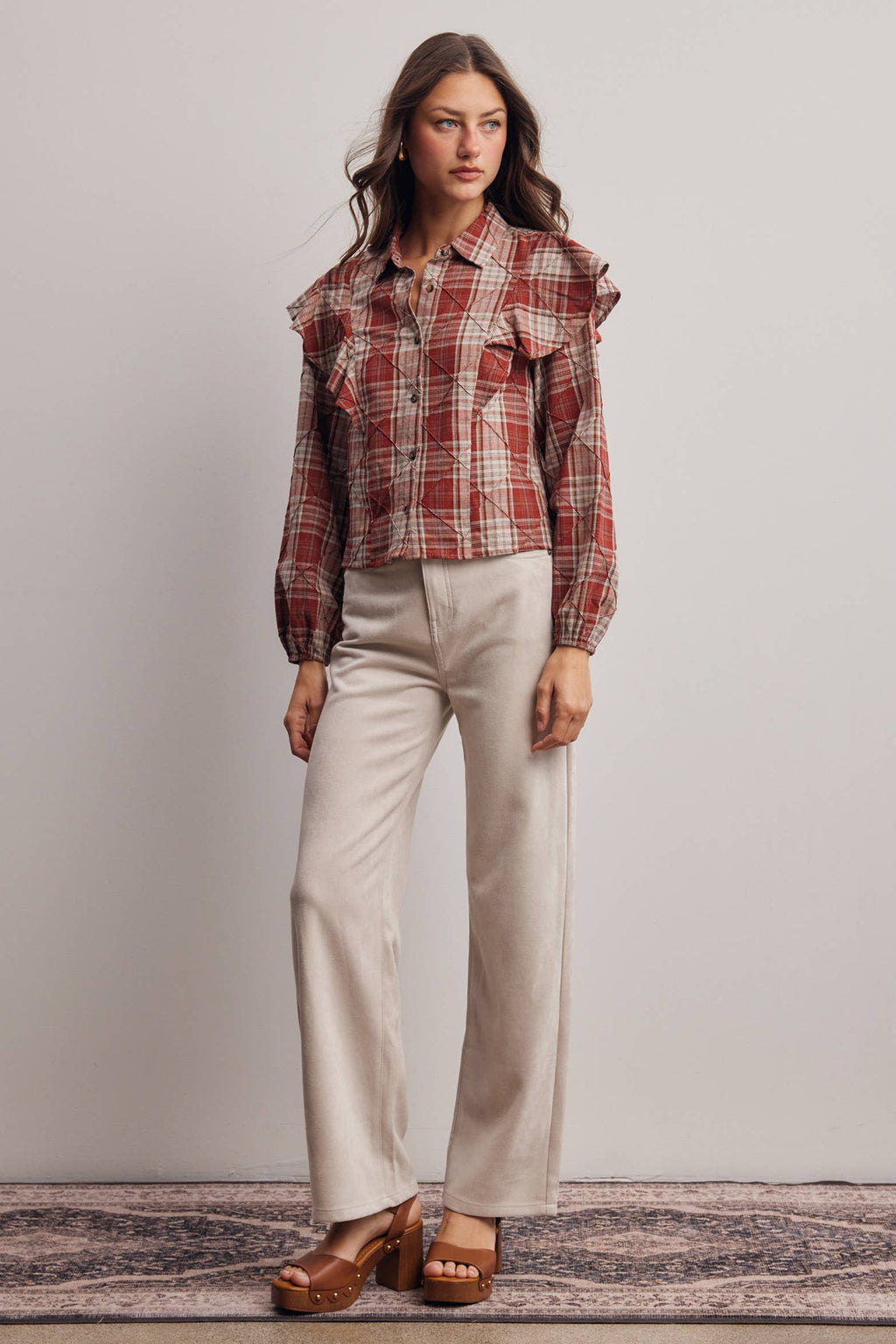 Plaid Ruffle Quilted Blouse