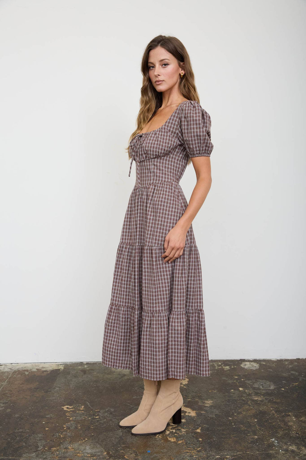 PLAID PUFF SLEEVE TIERED MIDI DRESS