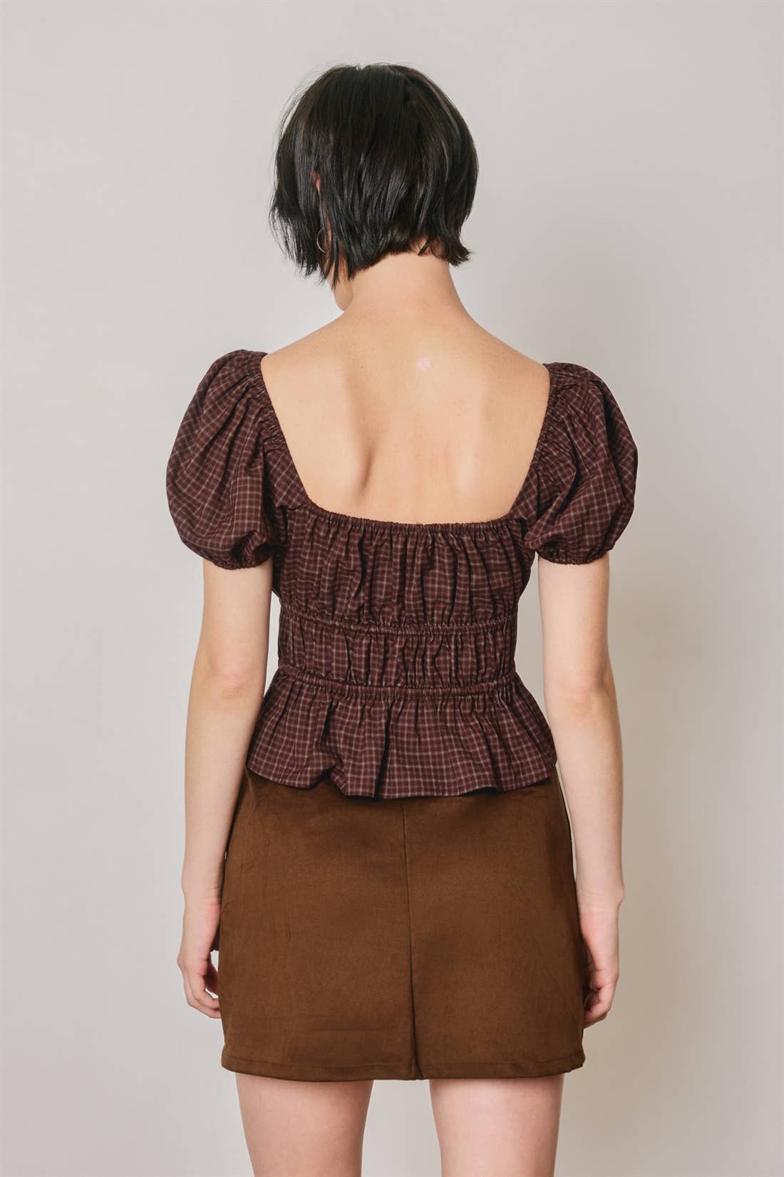 Plaid Puff Sleeve Peplum Top