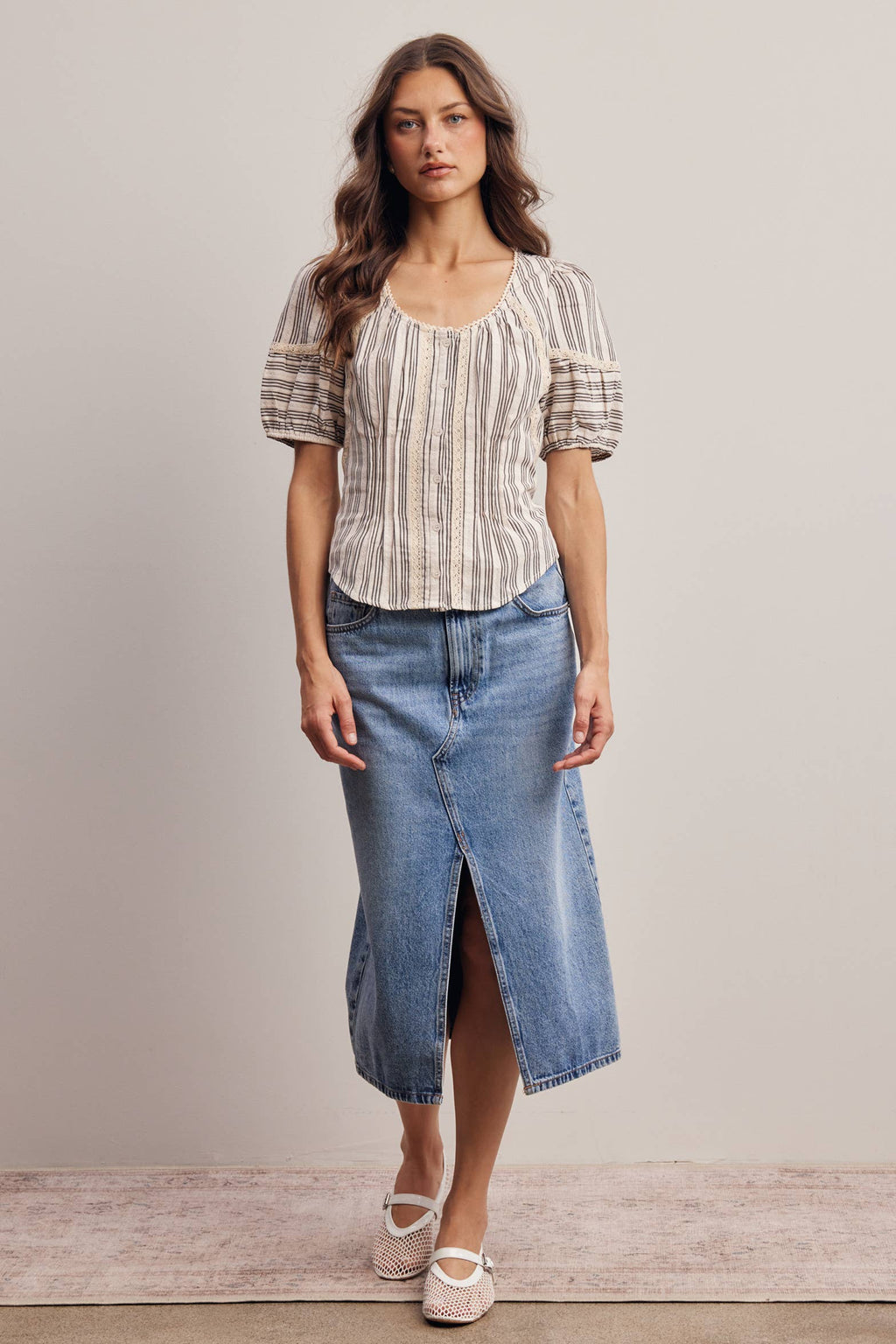 Striped Lace-Trim Puff Sleeve Blouse