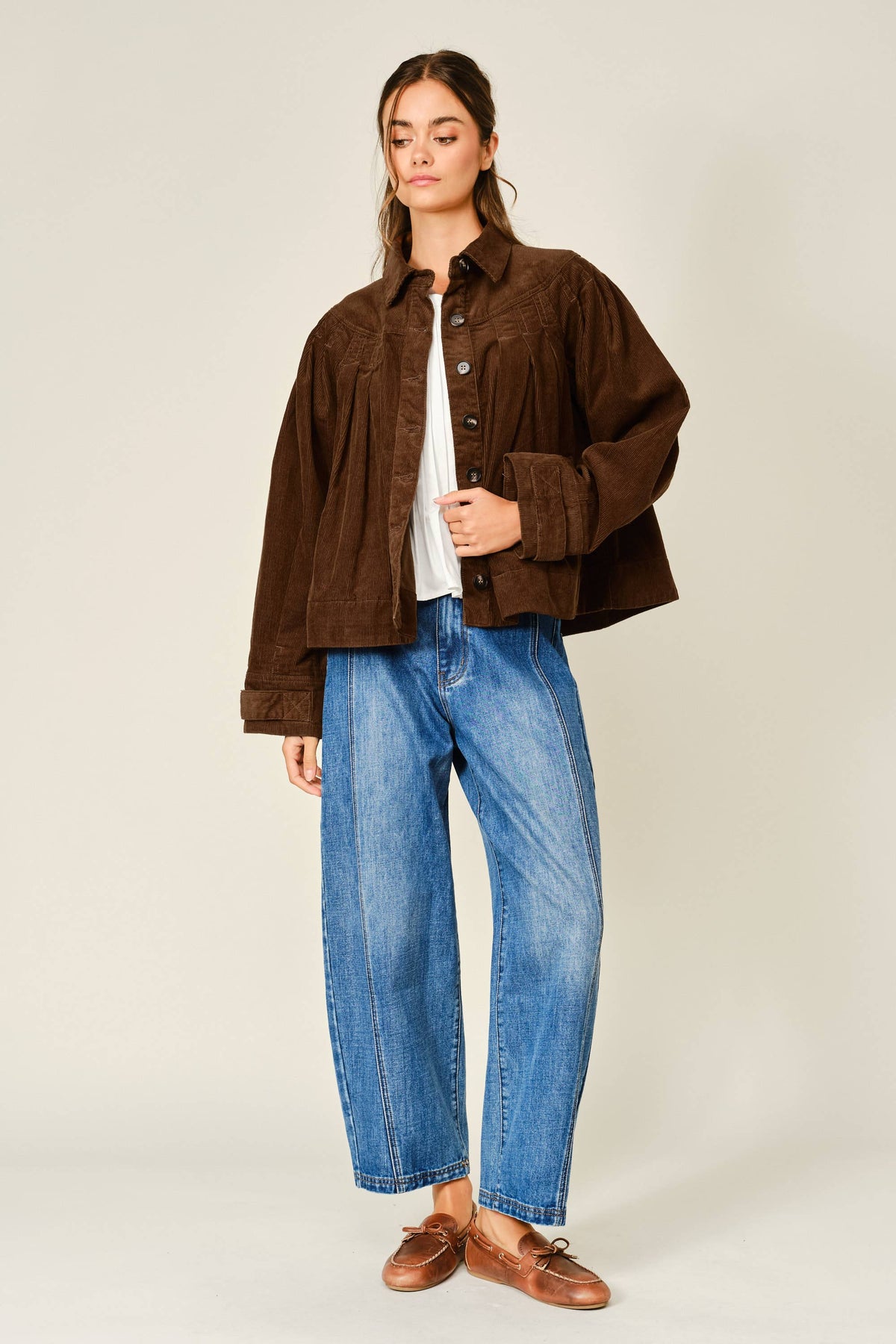 COZY CORDUROY PLEATED SHIRT JACKET