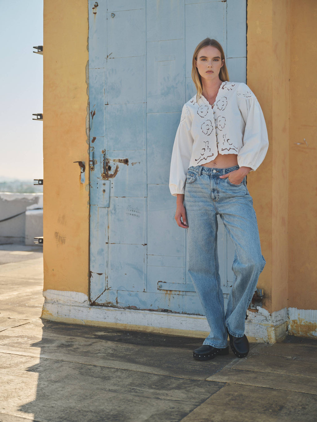 DENIM EMBROIDERY VOLUME SLEEVE BLOUSE