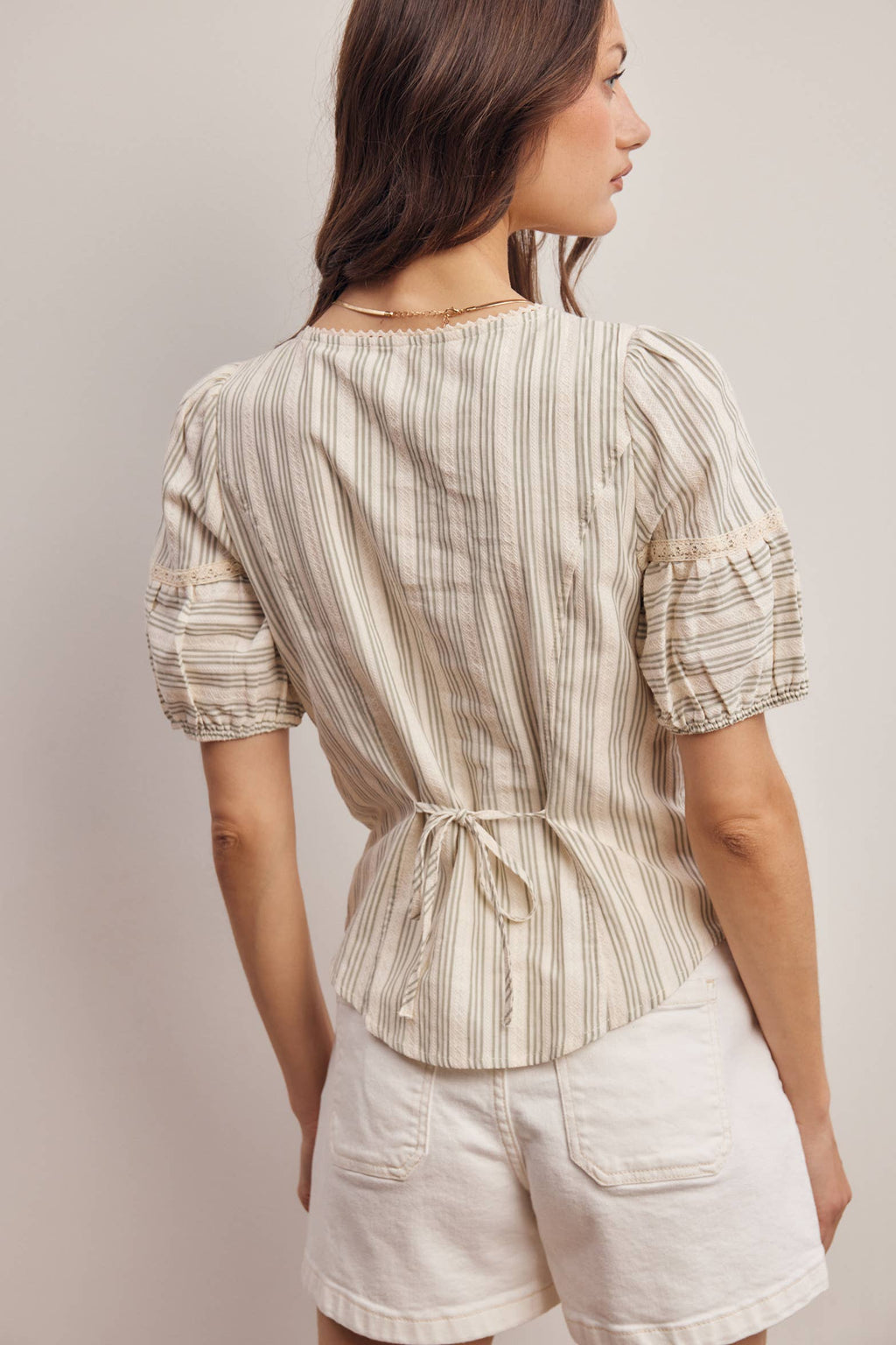 Striped Lace-Trim Puff Sleeve Blouse