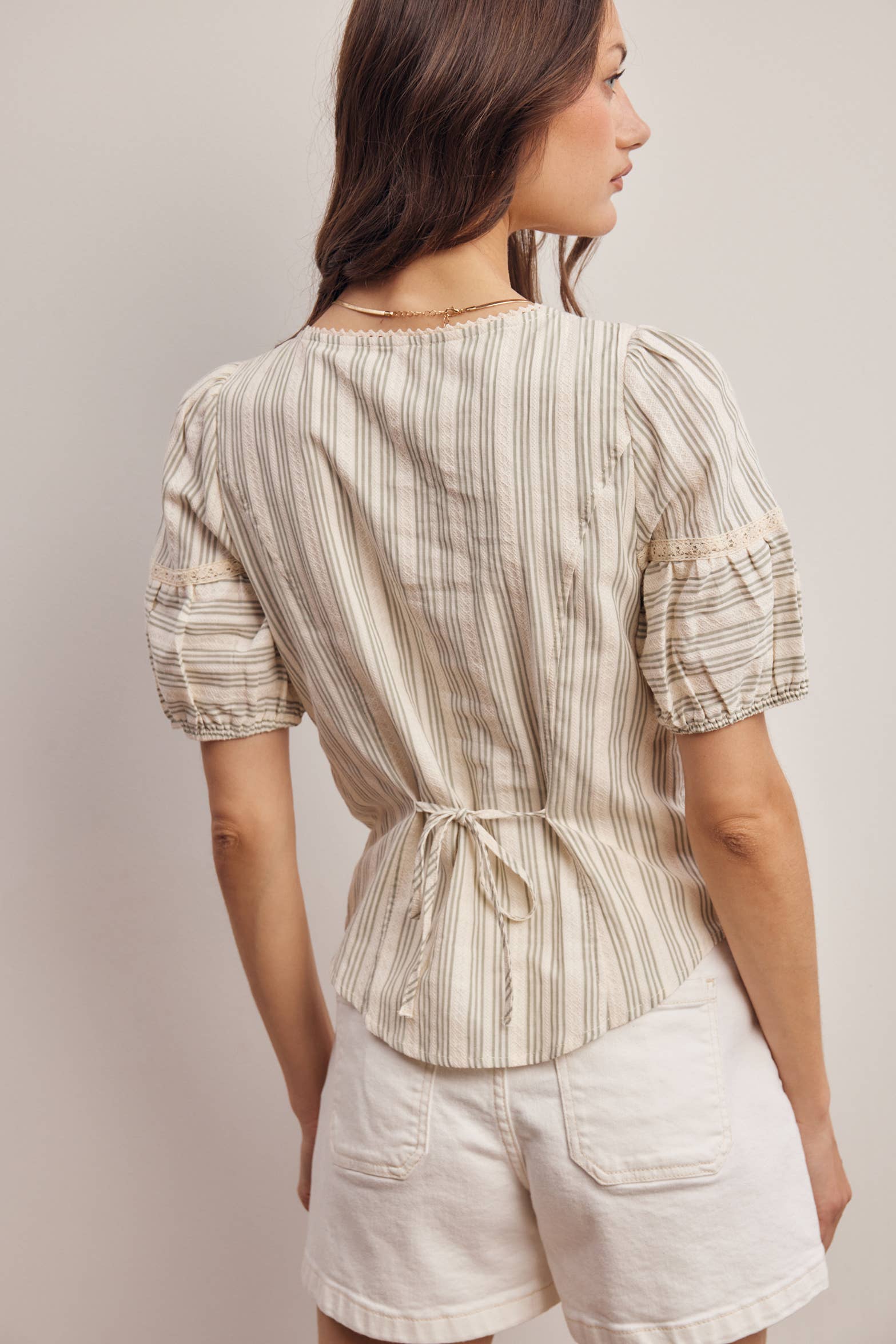 Striped Lace-Trim Puff Sleeve Blouse