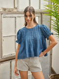 Short Sleeve Denim Pleated Puff Sleeve Top