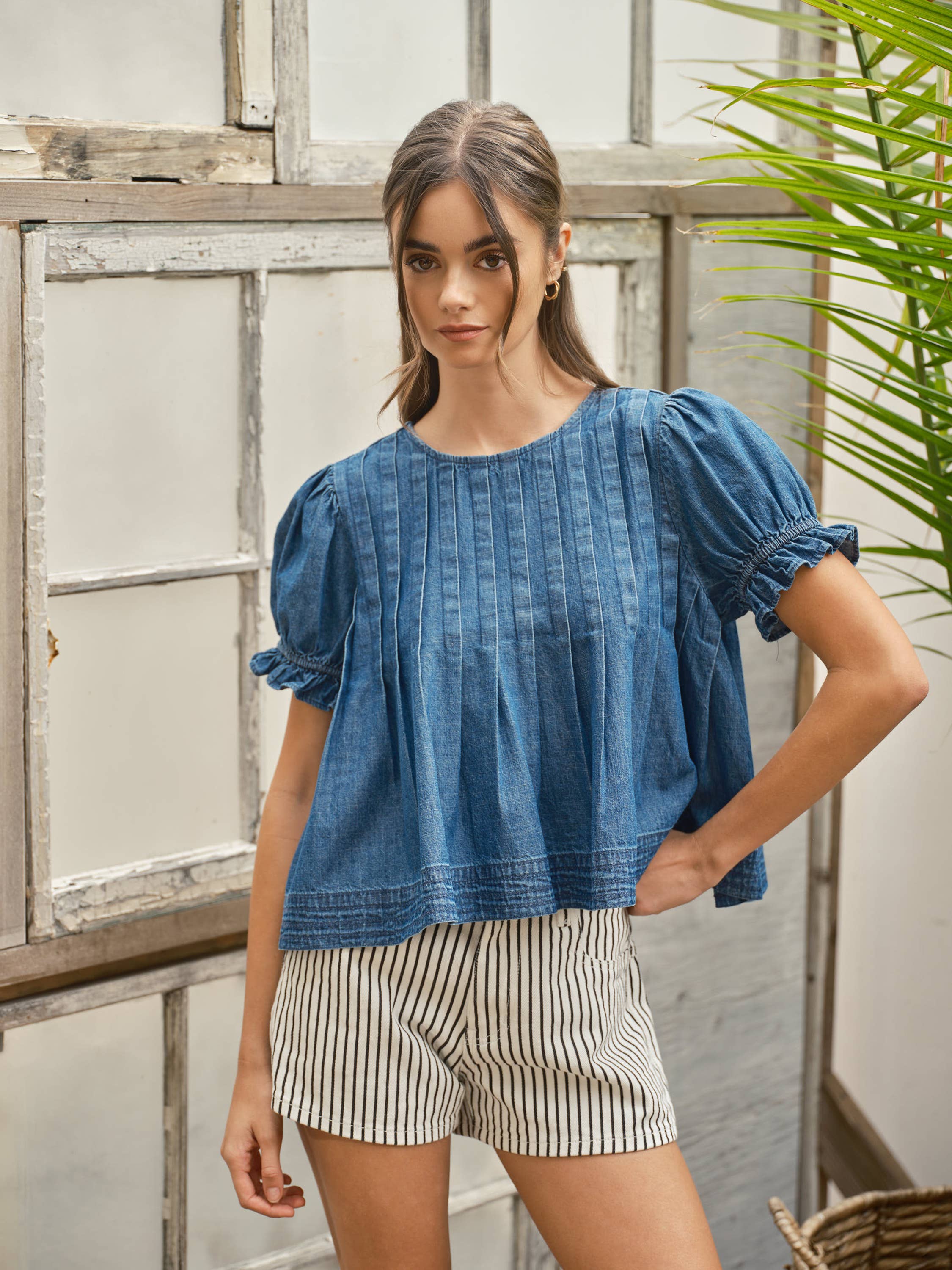 Short Sleeve Denim Pleated Puff Sleeve Top