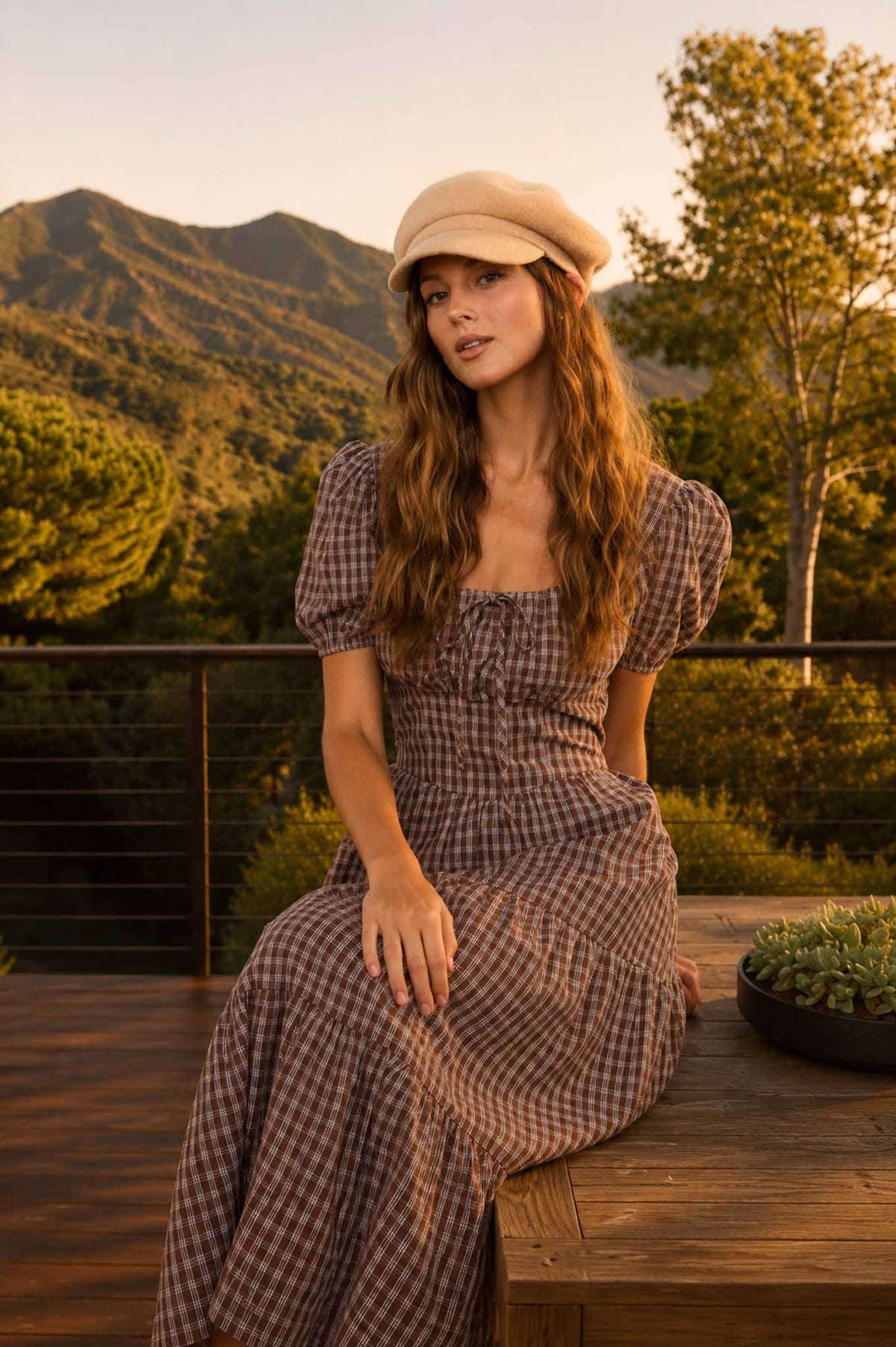 PLAID PUFF SLEEVE TIERED MIDI DRESS