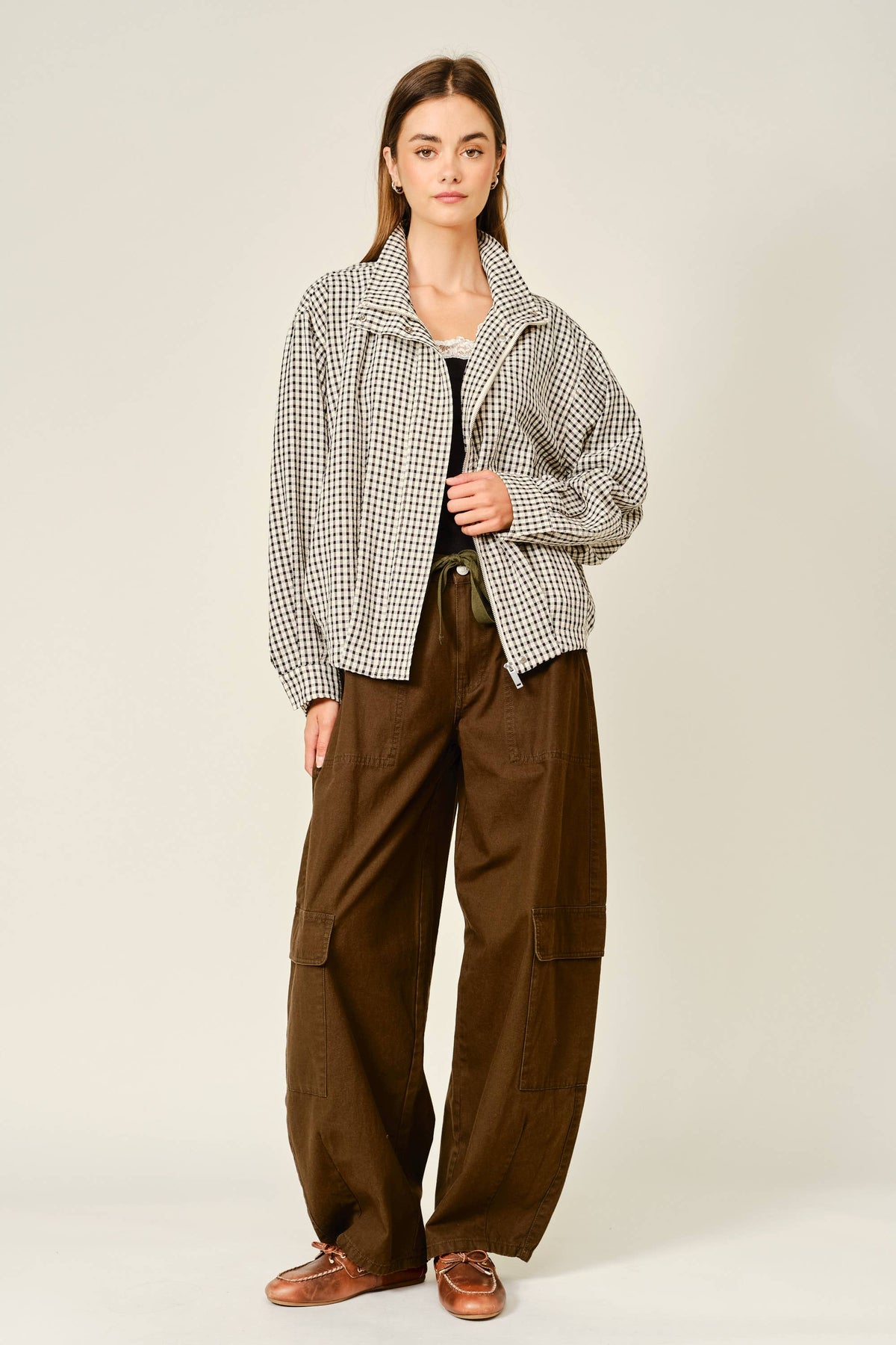 PLAID FUNNEL NECK BOMBER JACKET