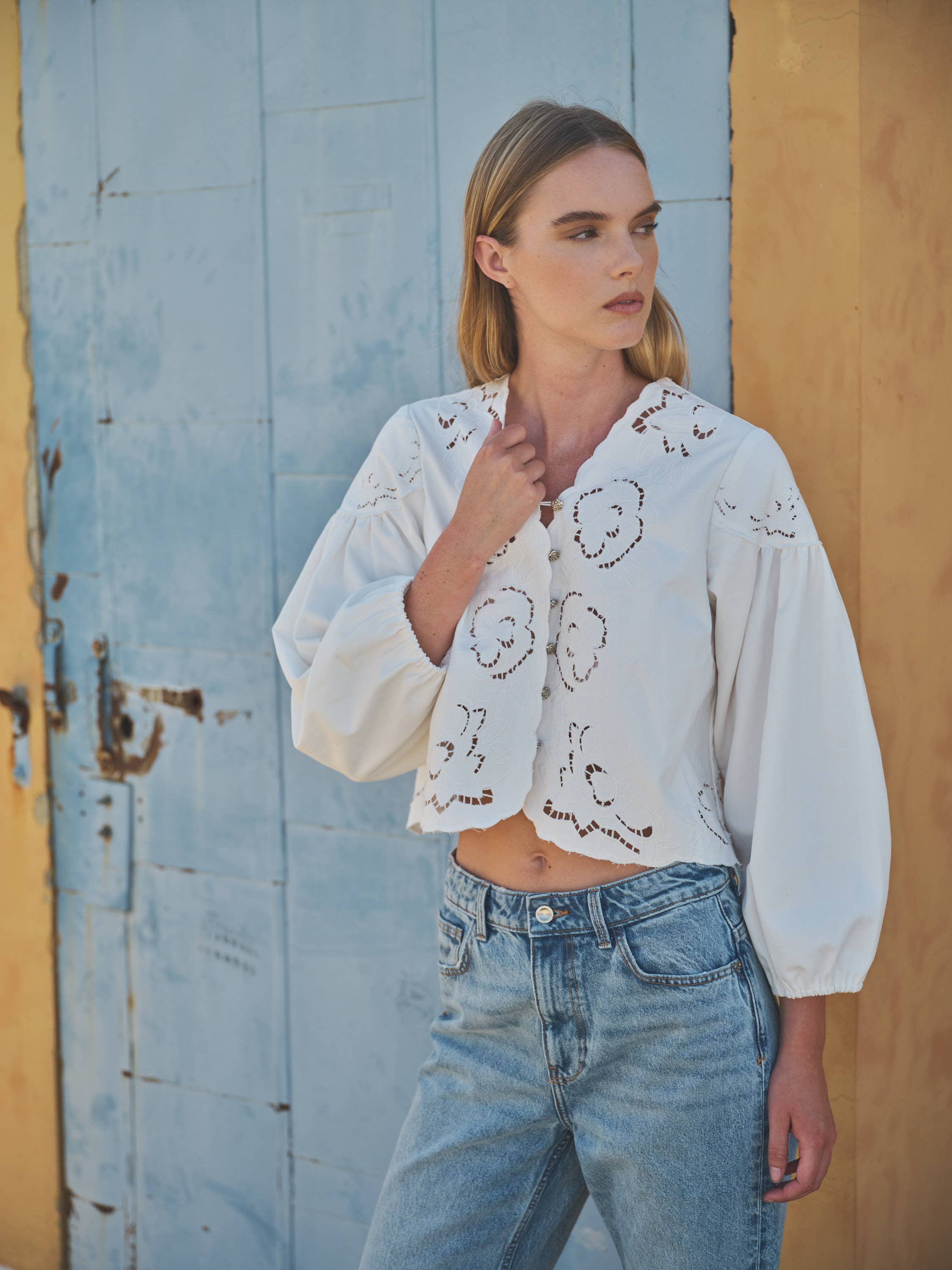 DENIM EMBROIDERY VOLUME SLEEVE BLOUSE